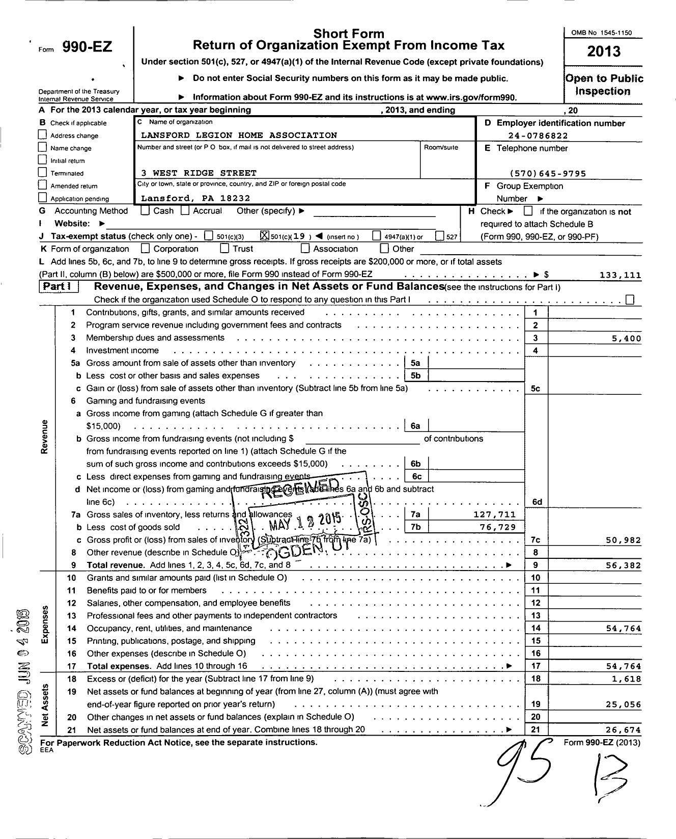 Image of first page of 2013 Form 990EO for Lansford Legion American Legion Post 123