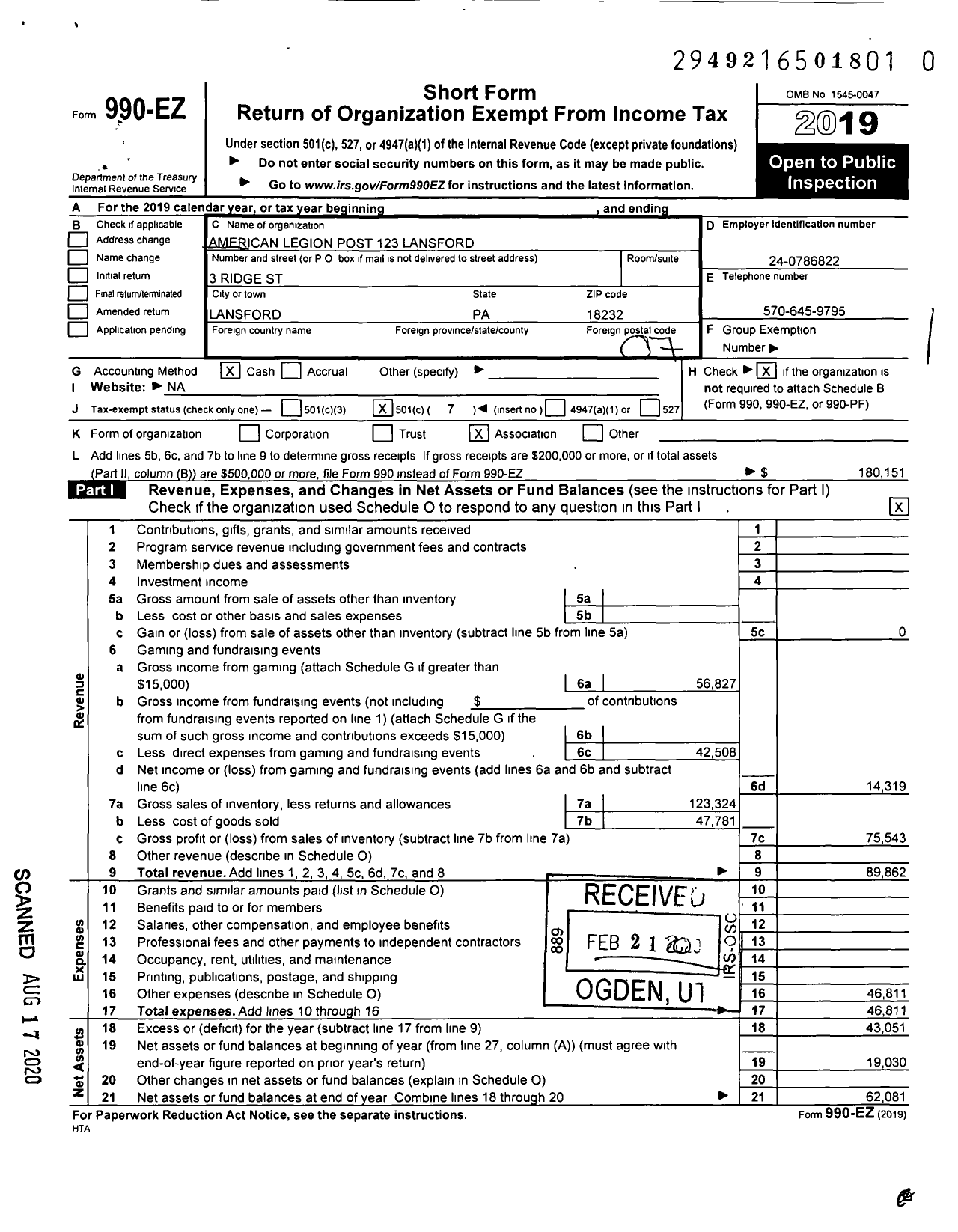 Image of first page of 2019 Form 990EO for Lansford Legion American Legion Post 123