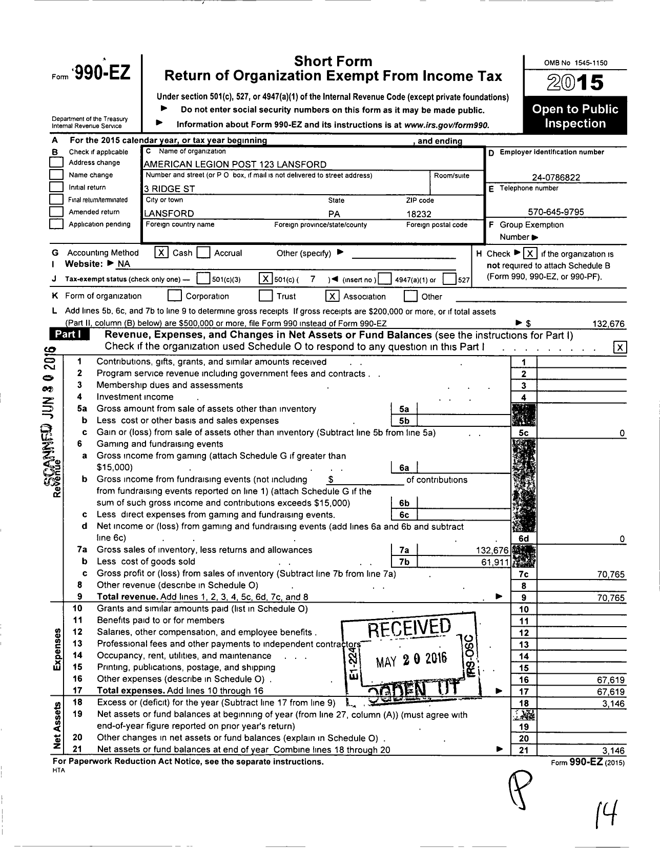 Image of first page of 2015 Form 990EO for Lansford Legion American Legion Post 123