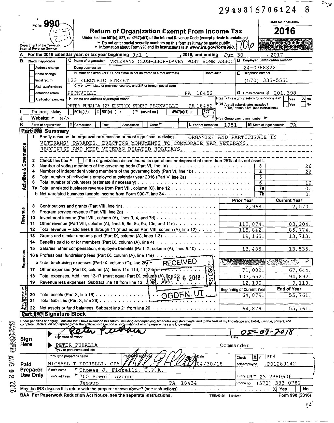Image of first page of 2016 Form 990O for Veterans of Foreign Wars of the United States Auxiliary Dept of Pa - 6082 Shopa-Davey Auxiliary