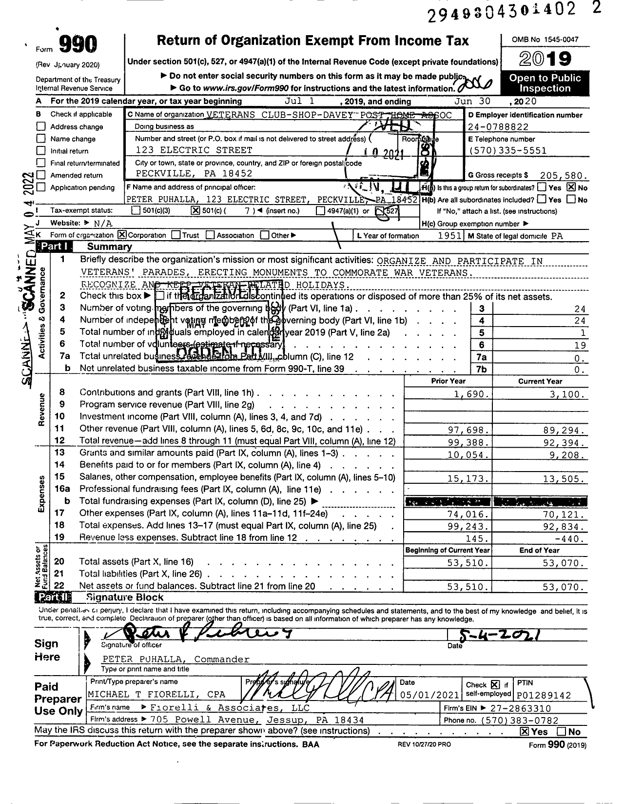 Image of first page of 2019 Form 990O for Veterans of Foreign Wars of the United States Auxiliary Dept of Pa - 6082 Shopa-Davey Auxiliary