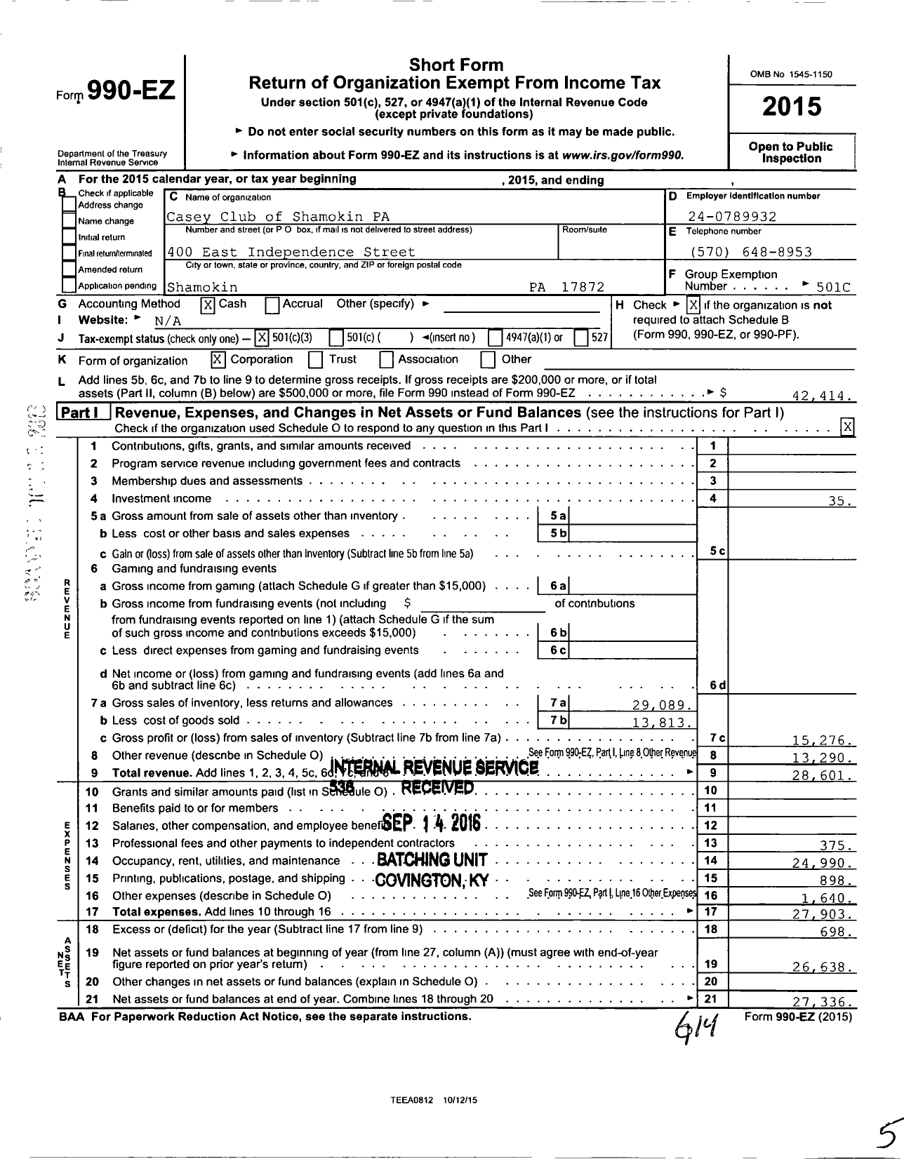 Image of first page of 2015 Form 990EZ for Casey Club of Shamokin PA