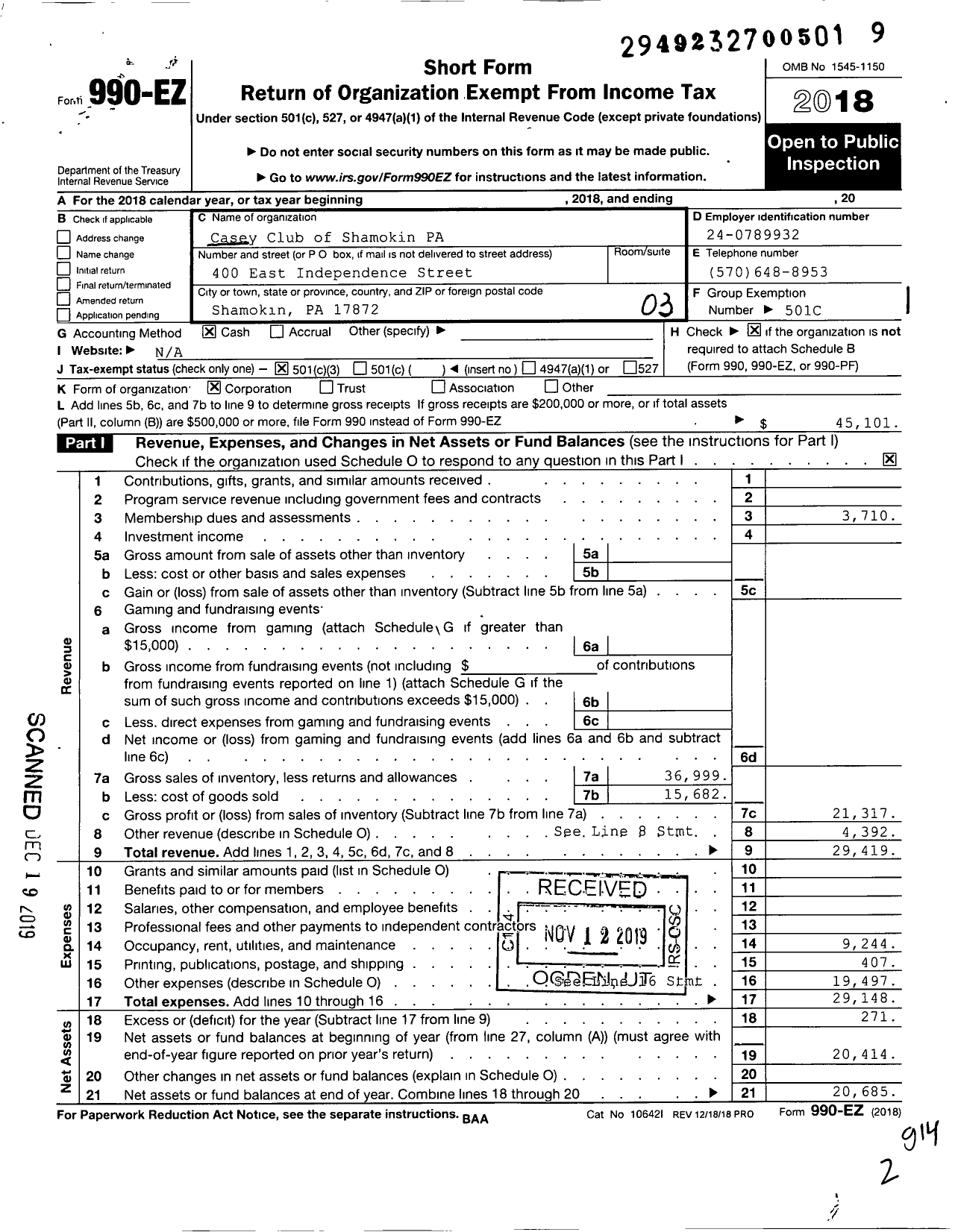 Image of first page of 2018 Form 990EZ for Casey Club of Shamokin PA