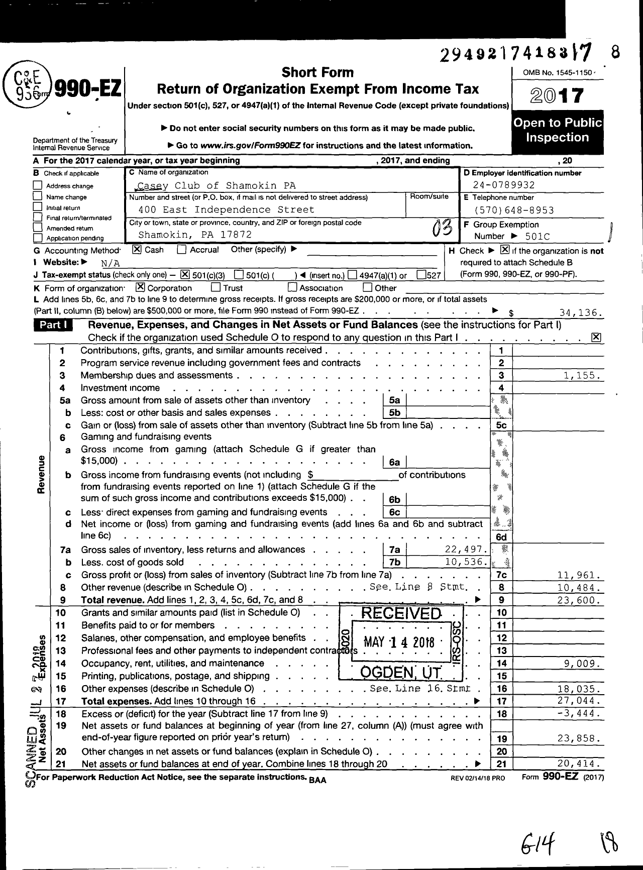 Image of first page of 2017 Form 990EZ for Casey Club of Shamokin PA