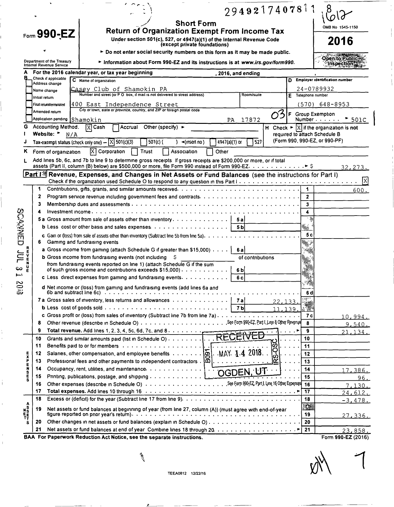 Image of first page of 2016 Form 990EZ for Casey Club of Shamokin PA