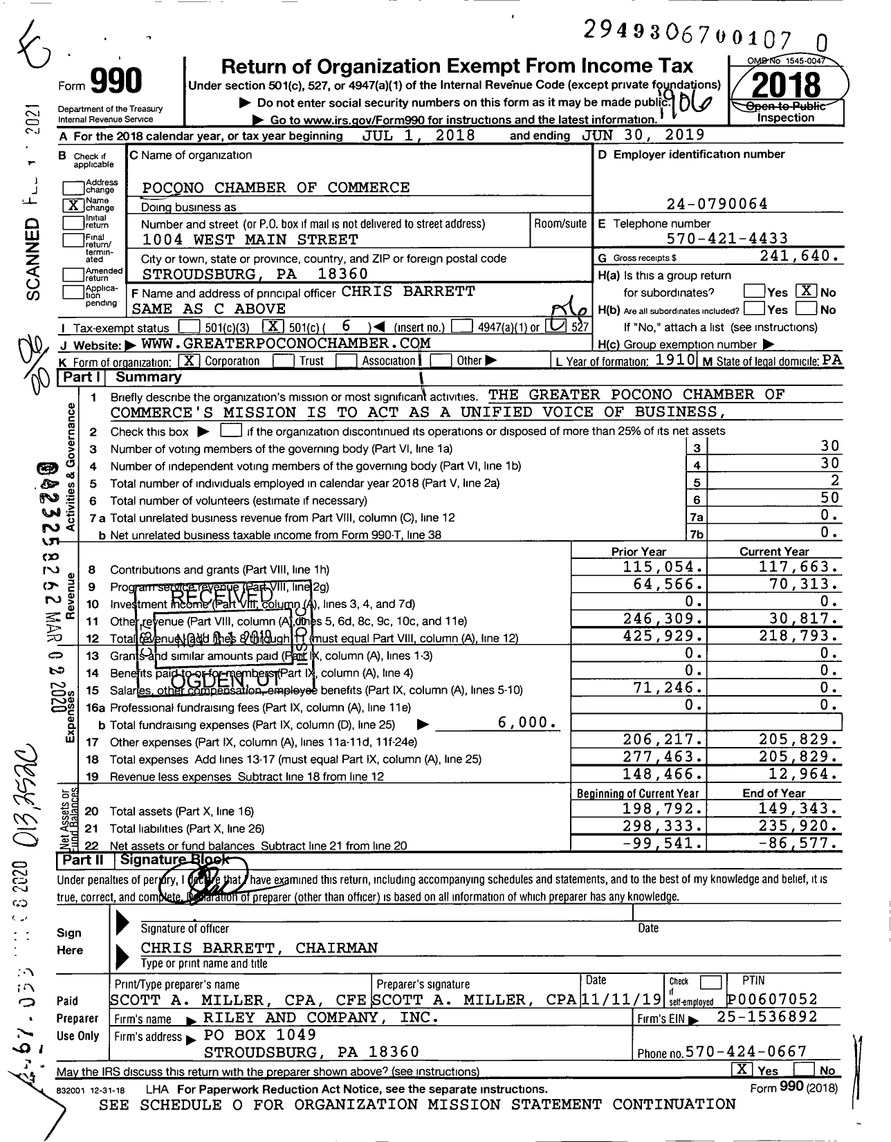 Image of first page of 2018 Form 990O for Pocono Chamber of Commerce