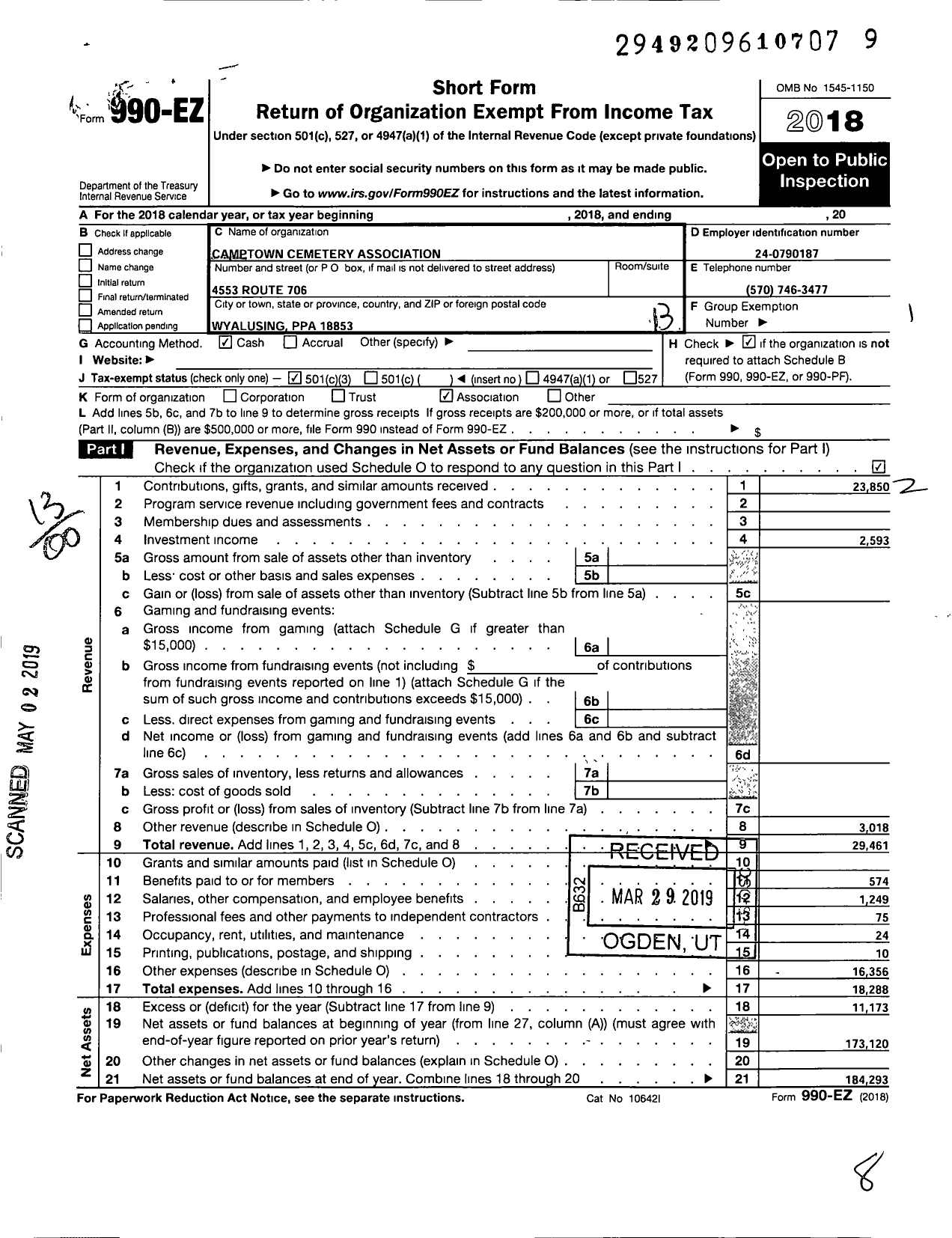 Image of first page of 2018 Form 990EO for Camptown Cemetery Association