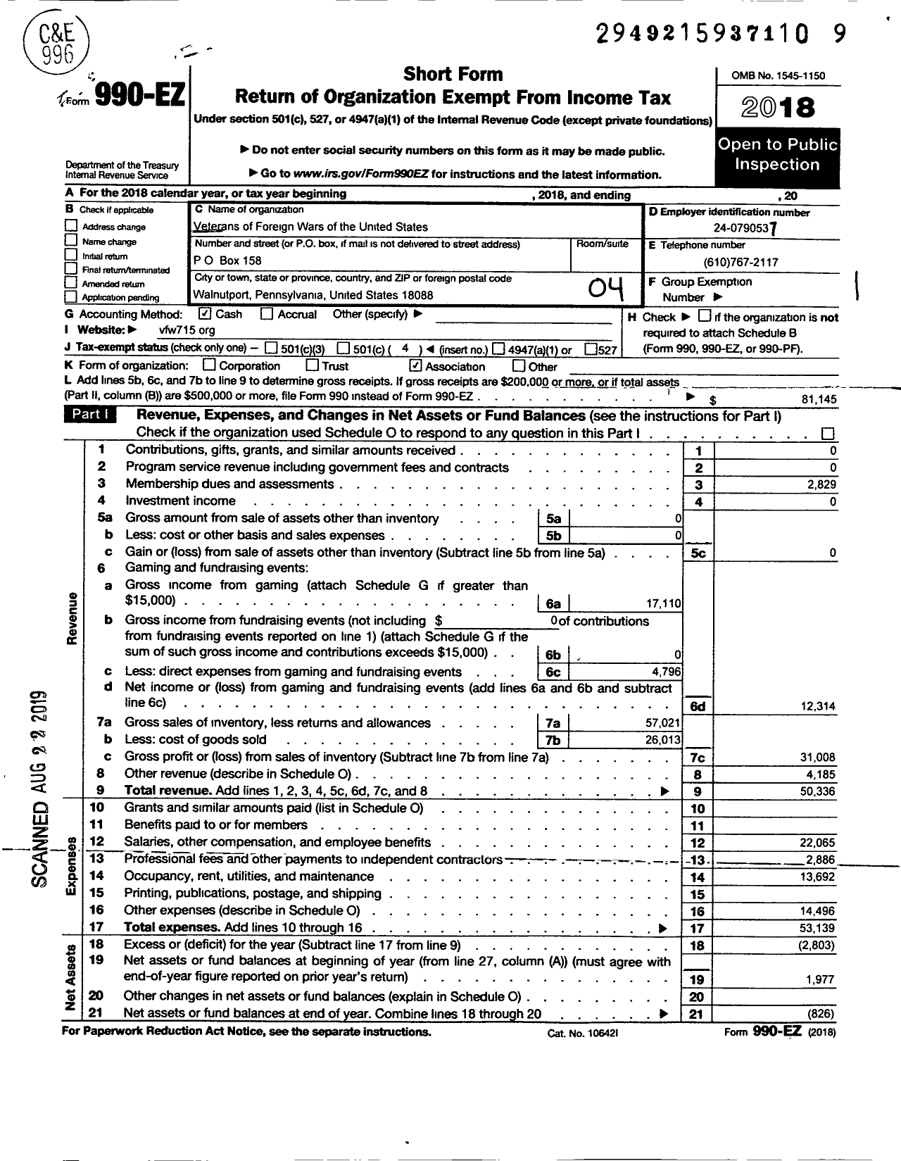 Image of first page of 2018 Form 990EO for VFW Department of Pennsylvania - RW Fritzinger Post