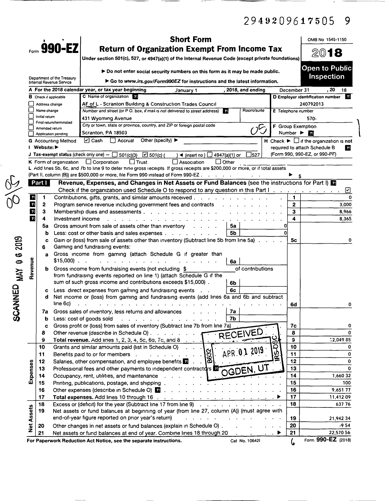 Image of first page of 2018 Form 990EO for AFL-CIO - Scranton Building & Construction