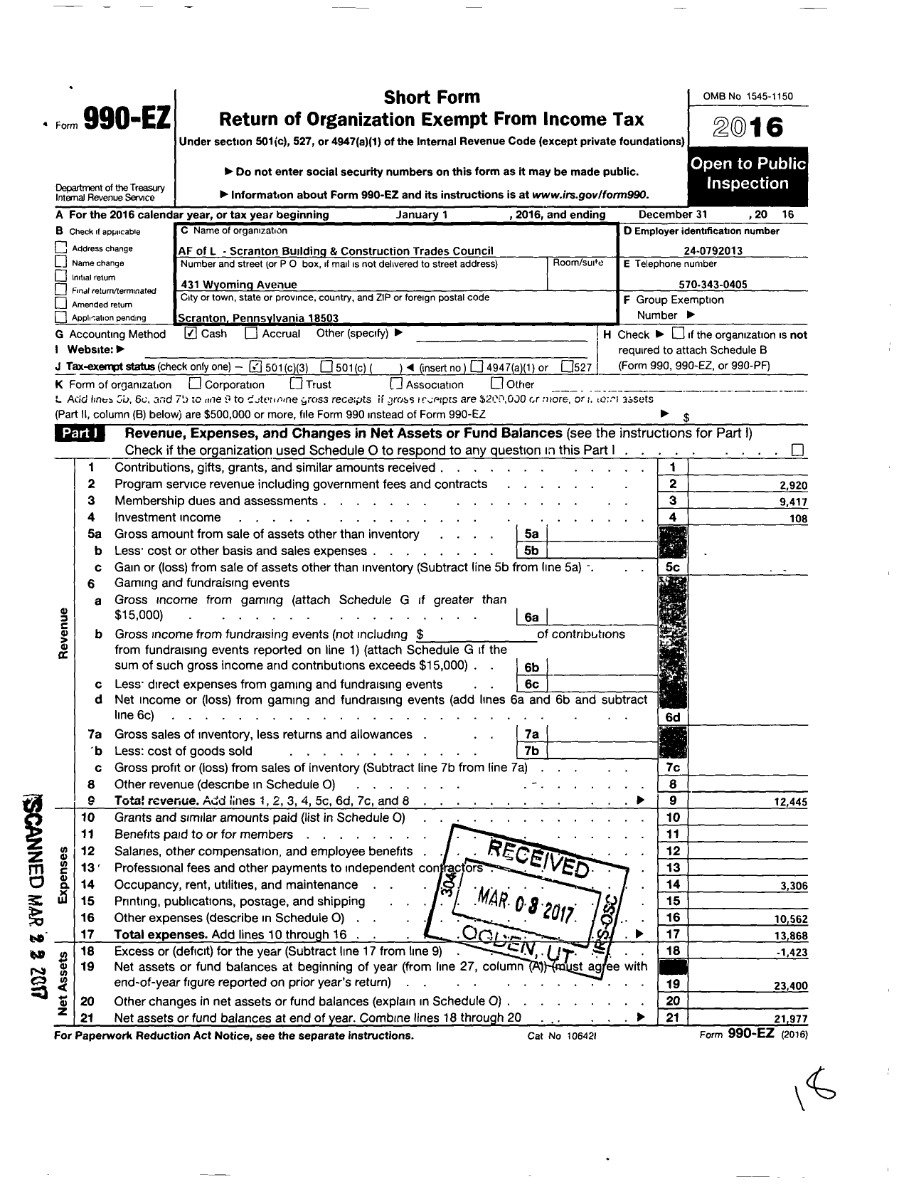 Image of first page of 2016 Form 990EZ for AFL-CIO - Scranton Building & Construction