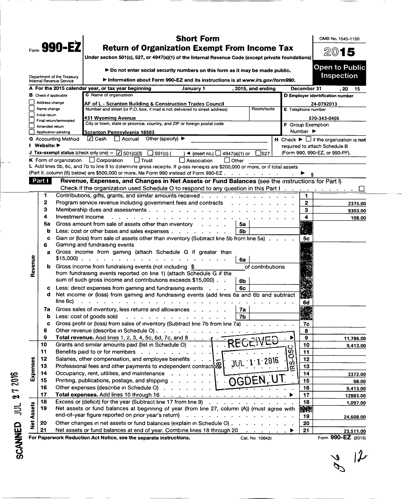 Image of first page of 2015 Form 990EZ for AFL-CIO - Scranton Building & Construction