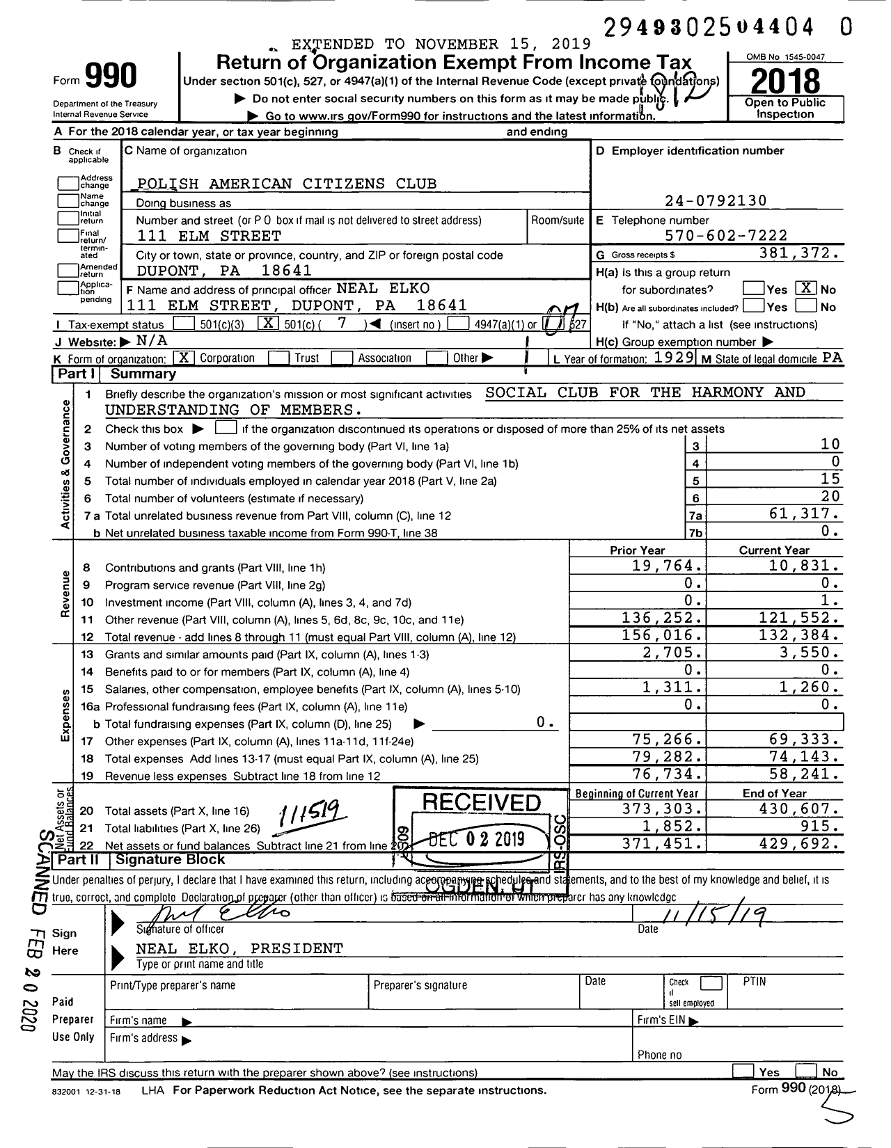 Image of first page of 2018 Form 990O for Polish American Citizens Club