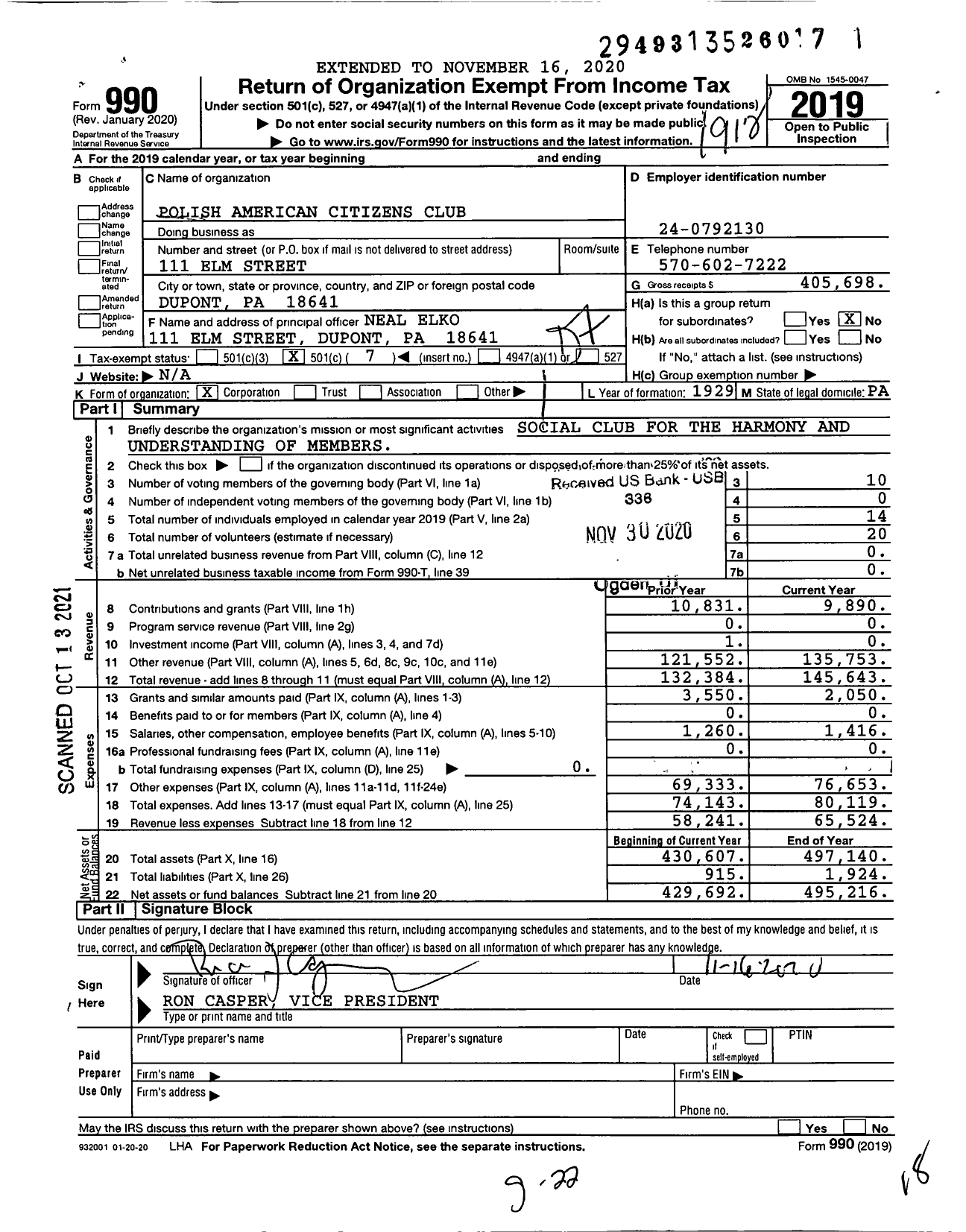 Image of first page of 2019 Form 990O for Polish American Citizens Club