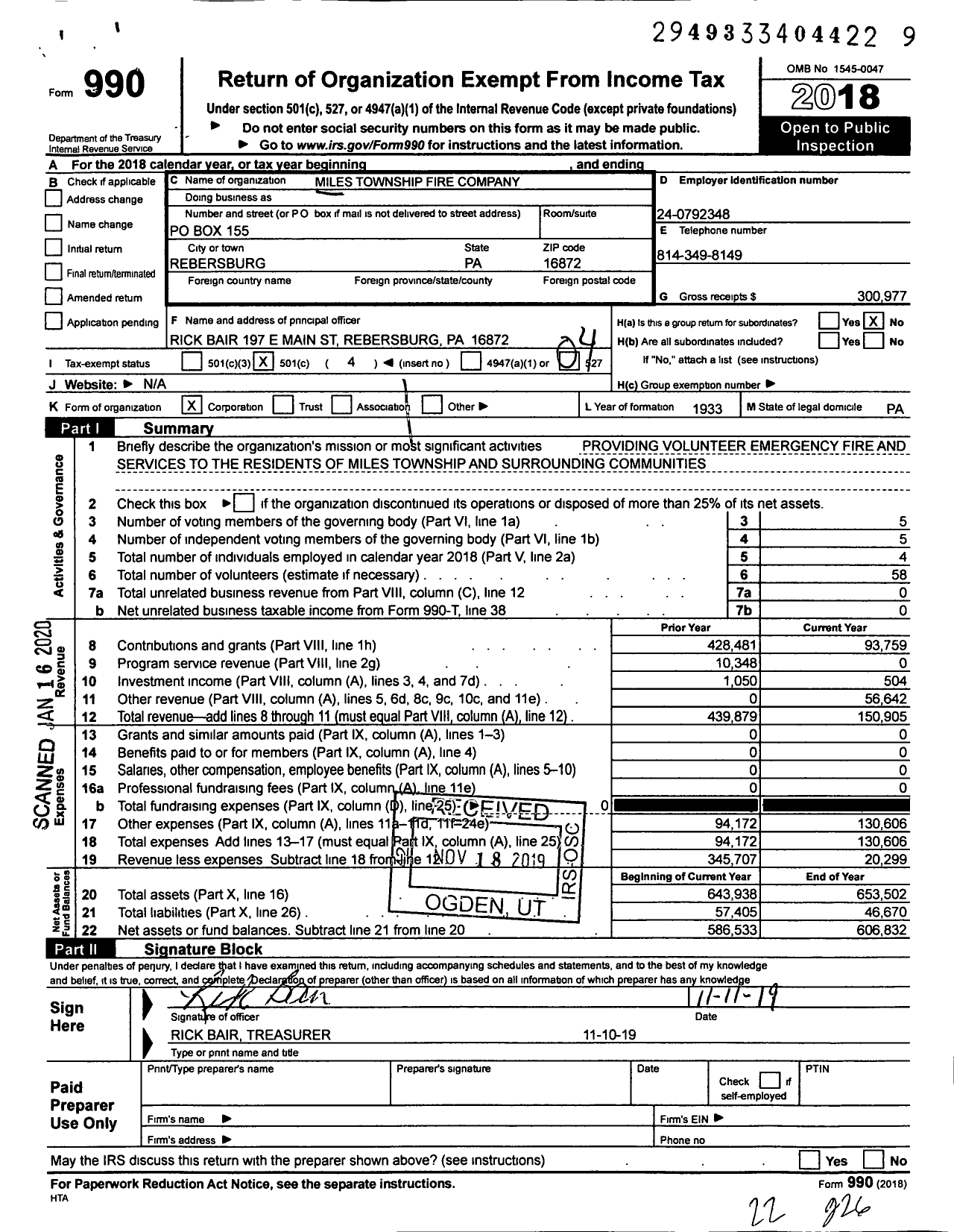 Image of first page of 2018 Form 990O for Miles Township Fire Company