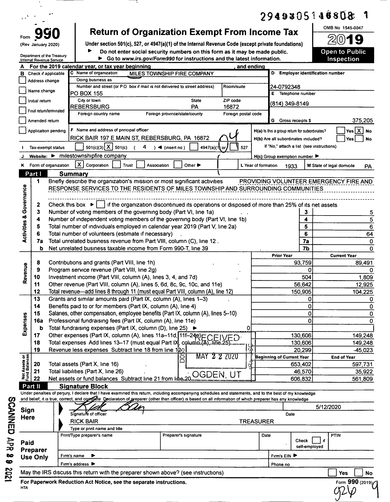 Image of first page of 2019 Form 990O for Miles Township Fire Company