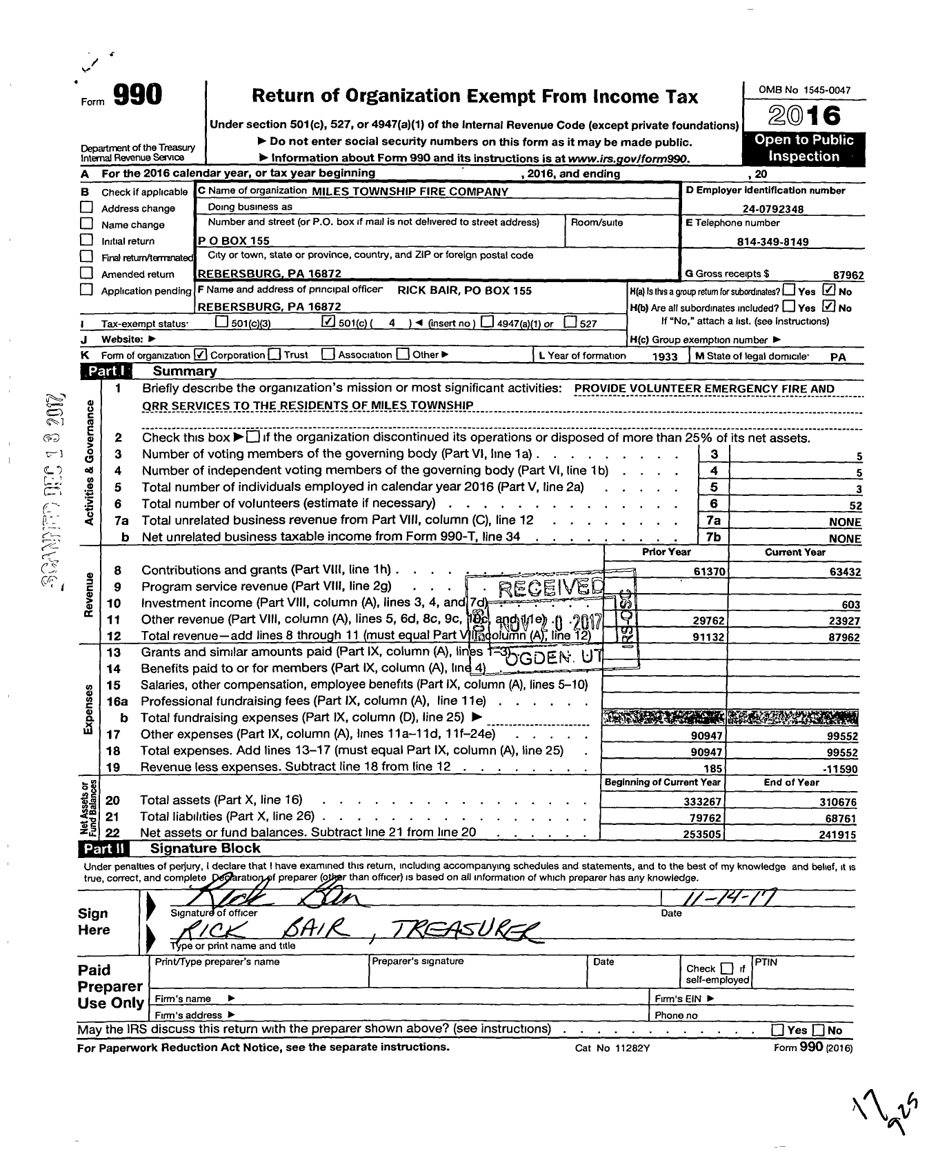 Image of first page of 2016 Form 990O for Miles Township Fire Company