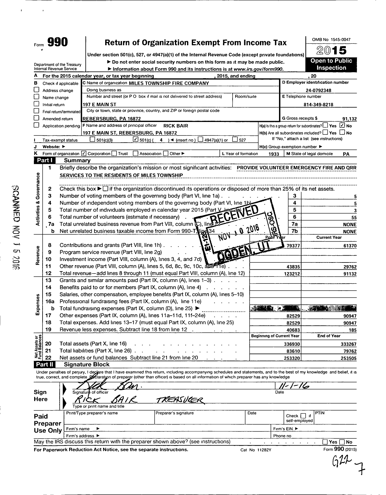 Image of first page of 2015 Form 990O for Miles Township Fire Company