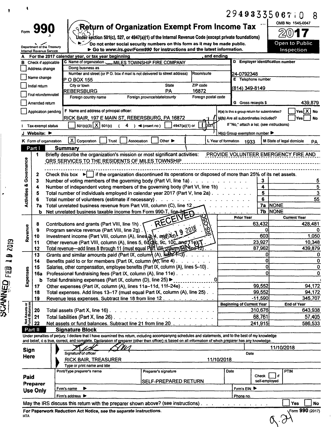 Image of first page of 2017 Form 990O for Miles Township Fire Company