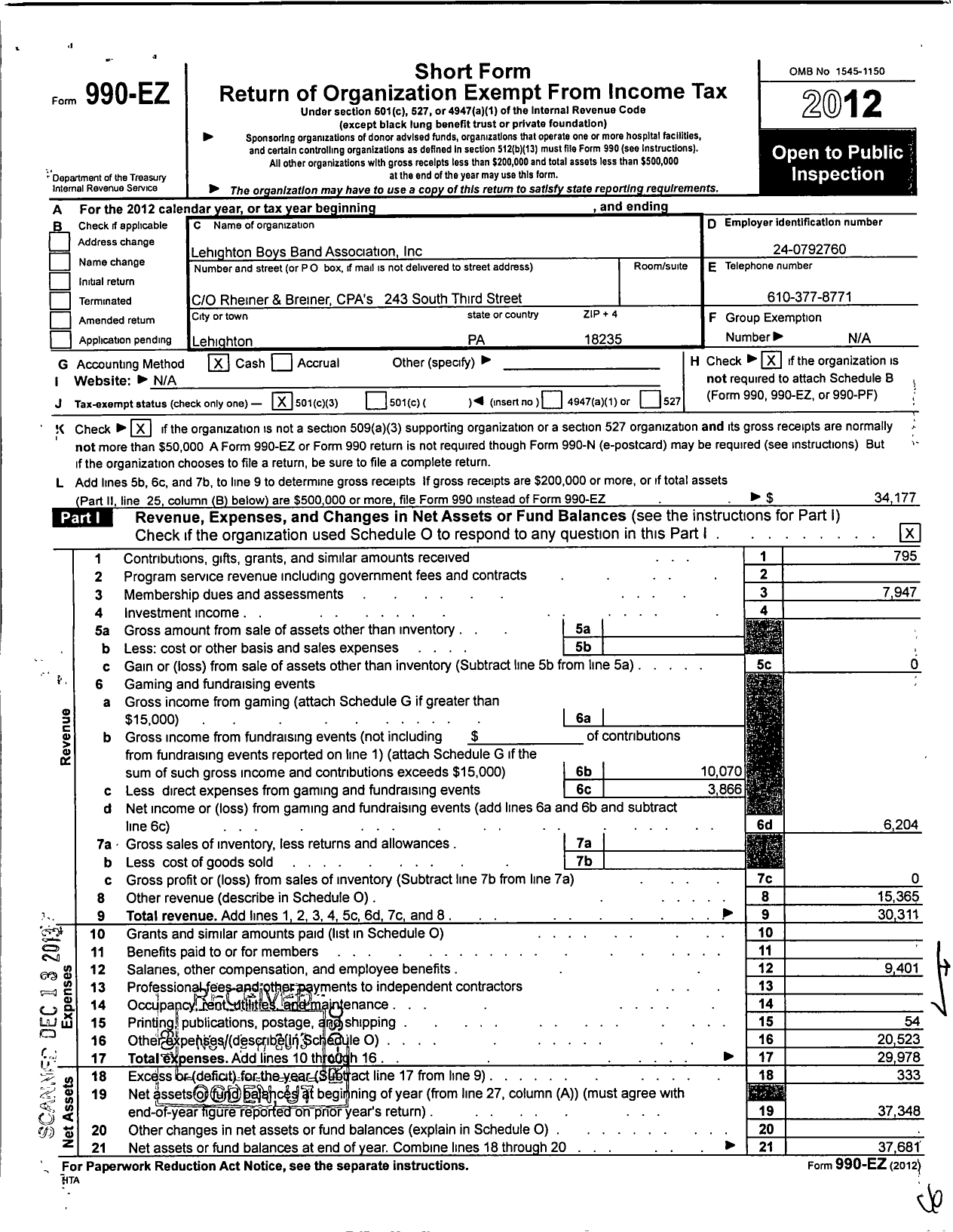 Image of first page of 2012 Form 990EZ for Lehighton Boys and Girls Band