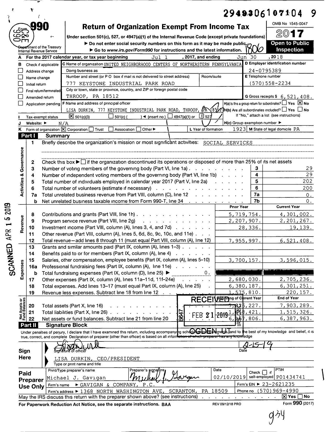 Image of first page of 2017 Form 990 for United Neighborhood Centers of Northeastern Pennsylvania