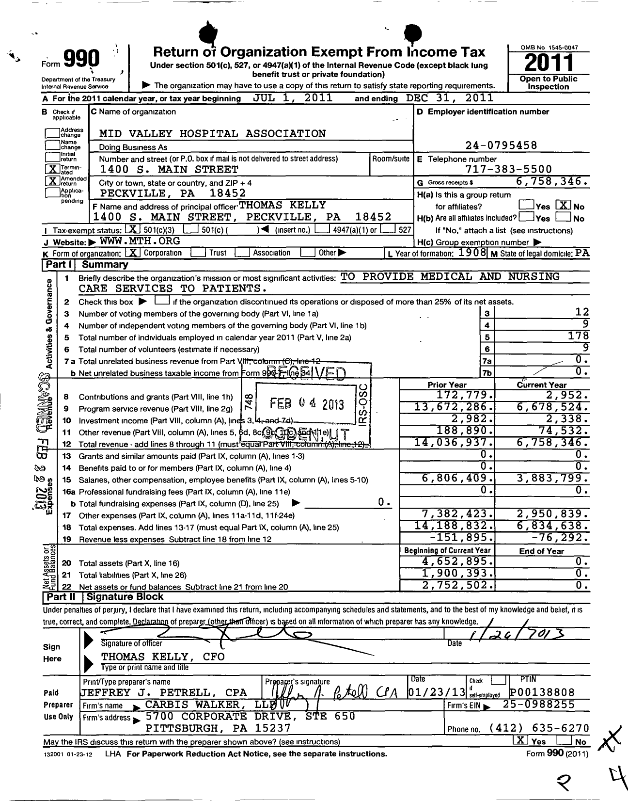 Image of first page of 2011 Form 990 for Mid Valley Hospital Association