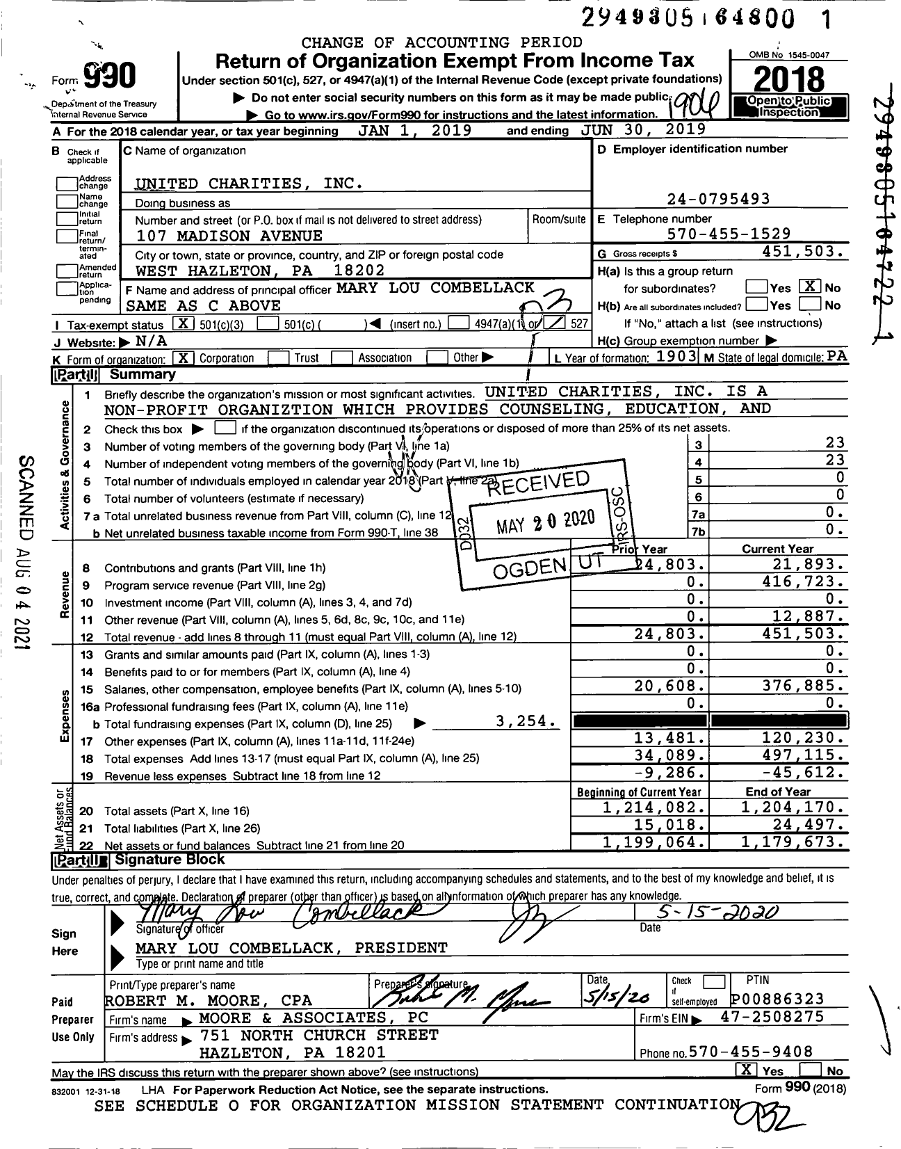 Image of first page of 2018 Form 990 for United Charities of Hazleton