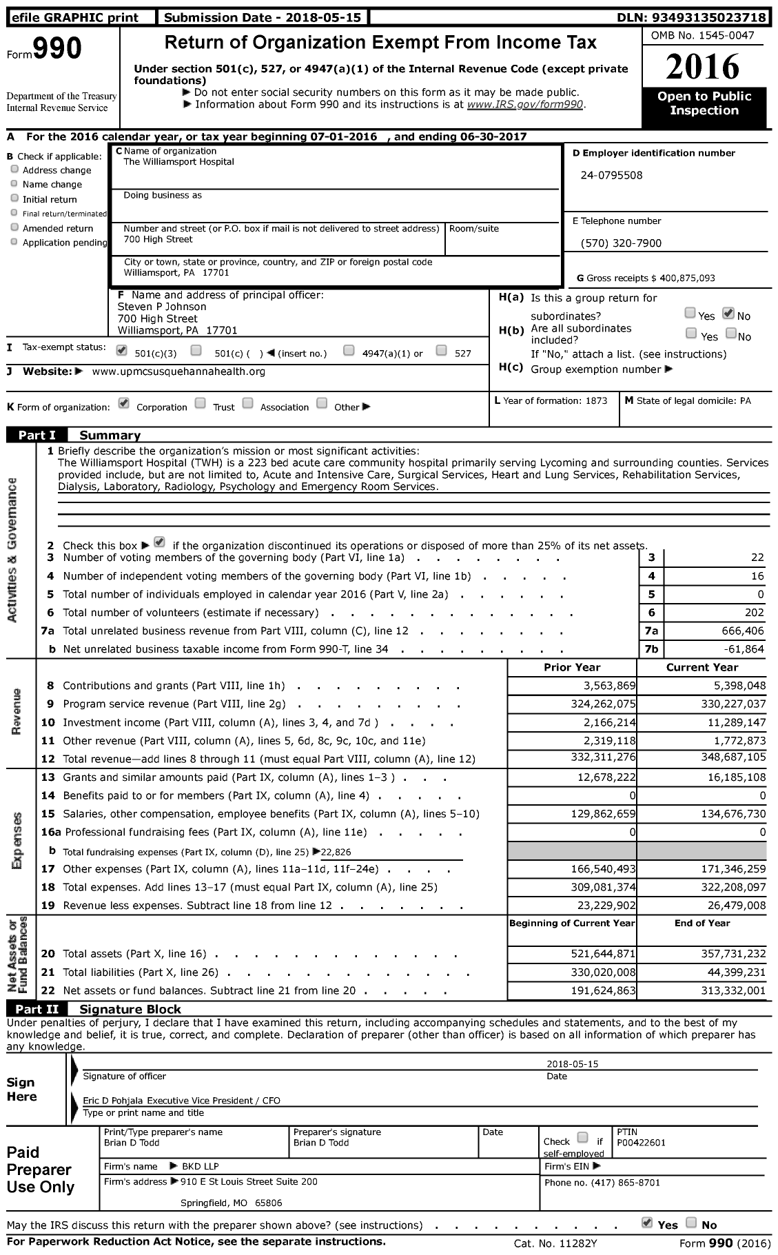 Image of first page of 2016 Form 990 for UPMC Williamsport