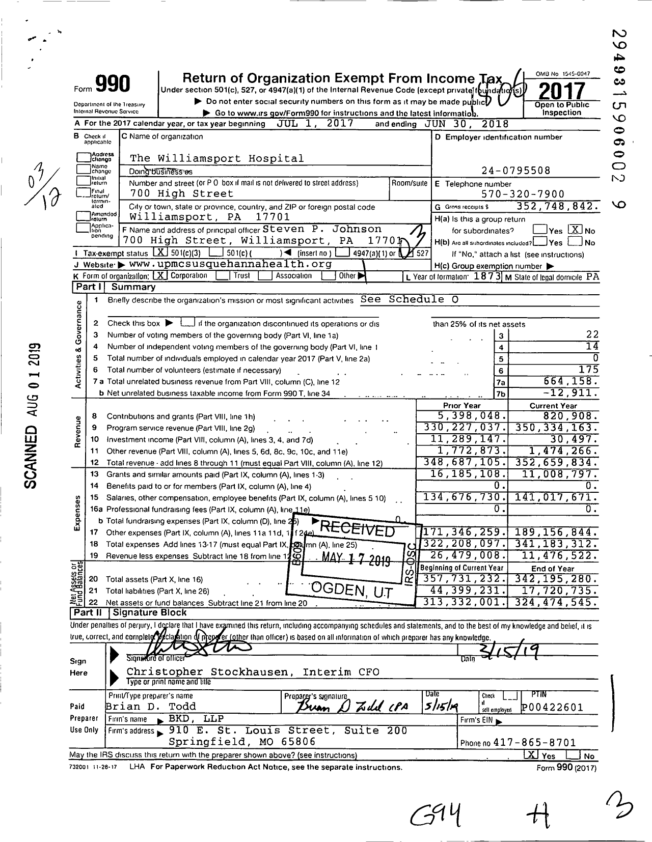Image of first page of 2017 Form 990 for UPMC Williamsport