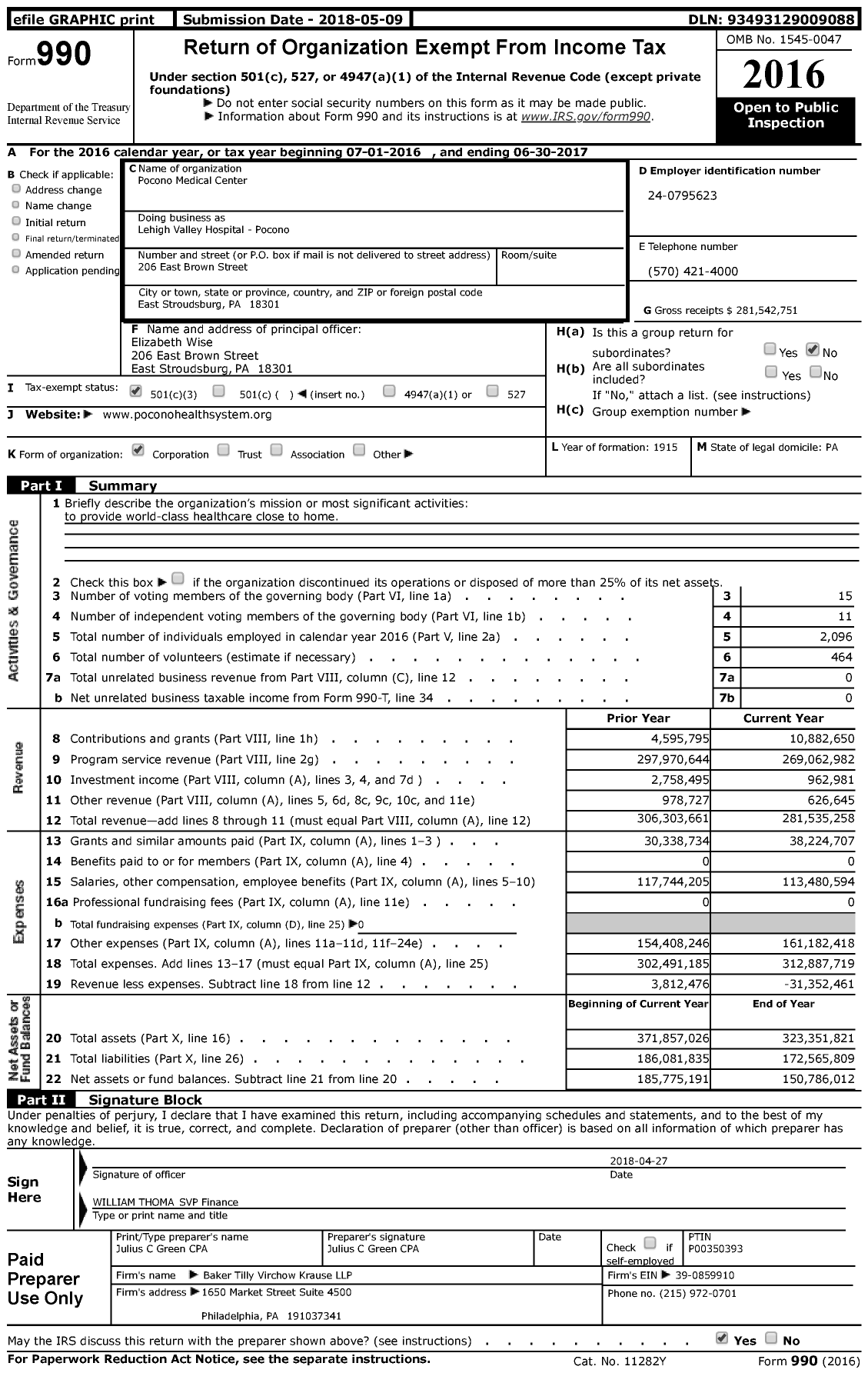Image of first page of 2016 Form 990 for Lehigh Valley Hospital - Pocono