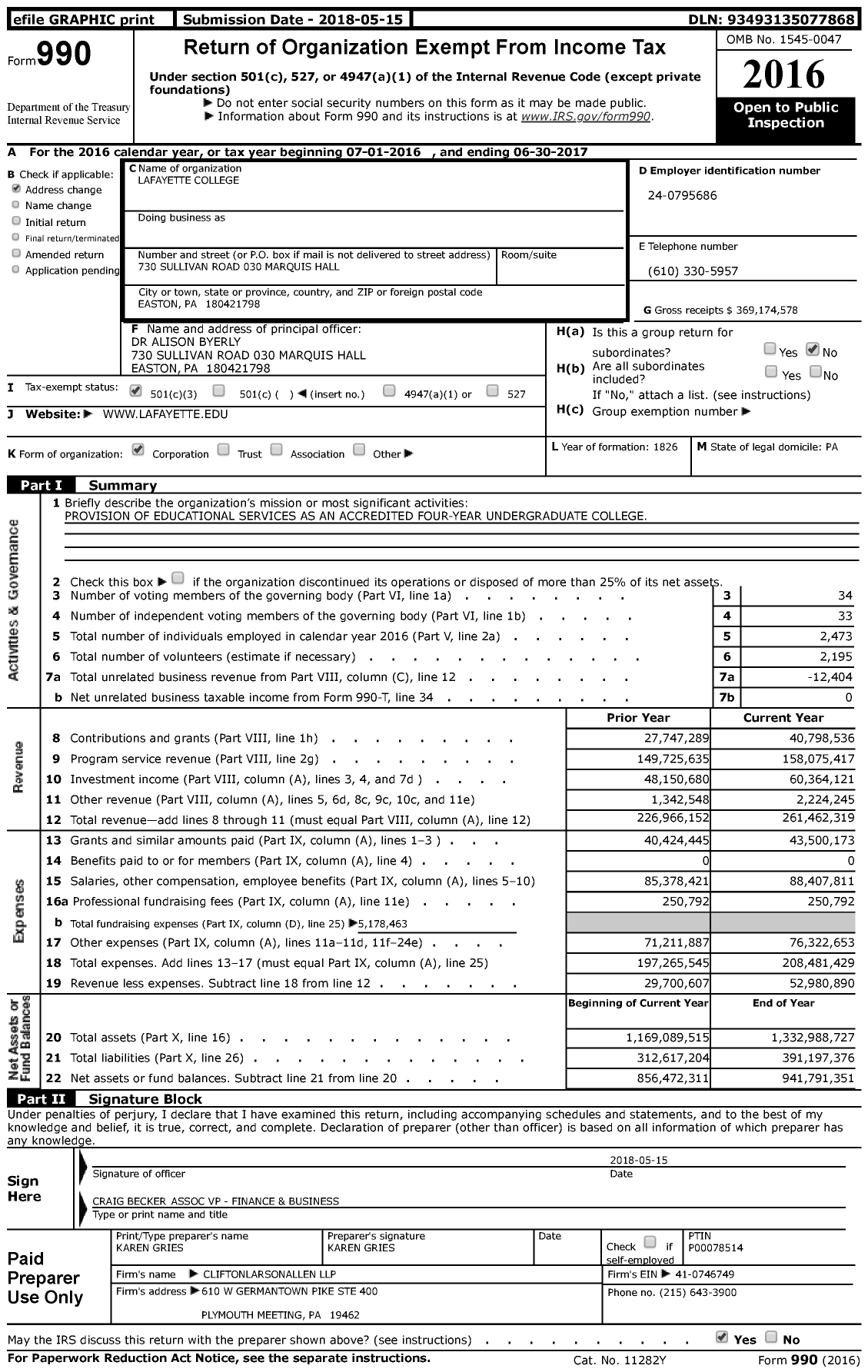 Image of first page of 2016 Form 990 for Lafayette College