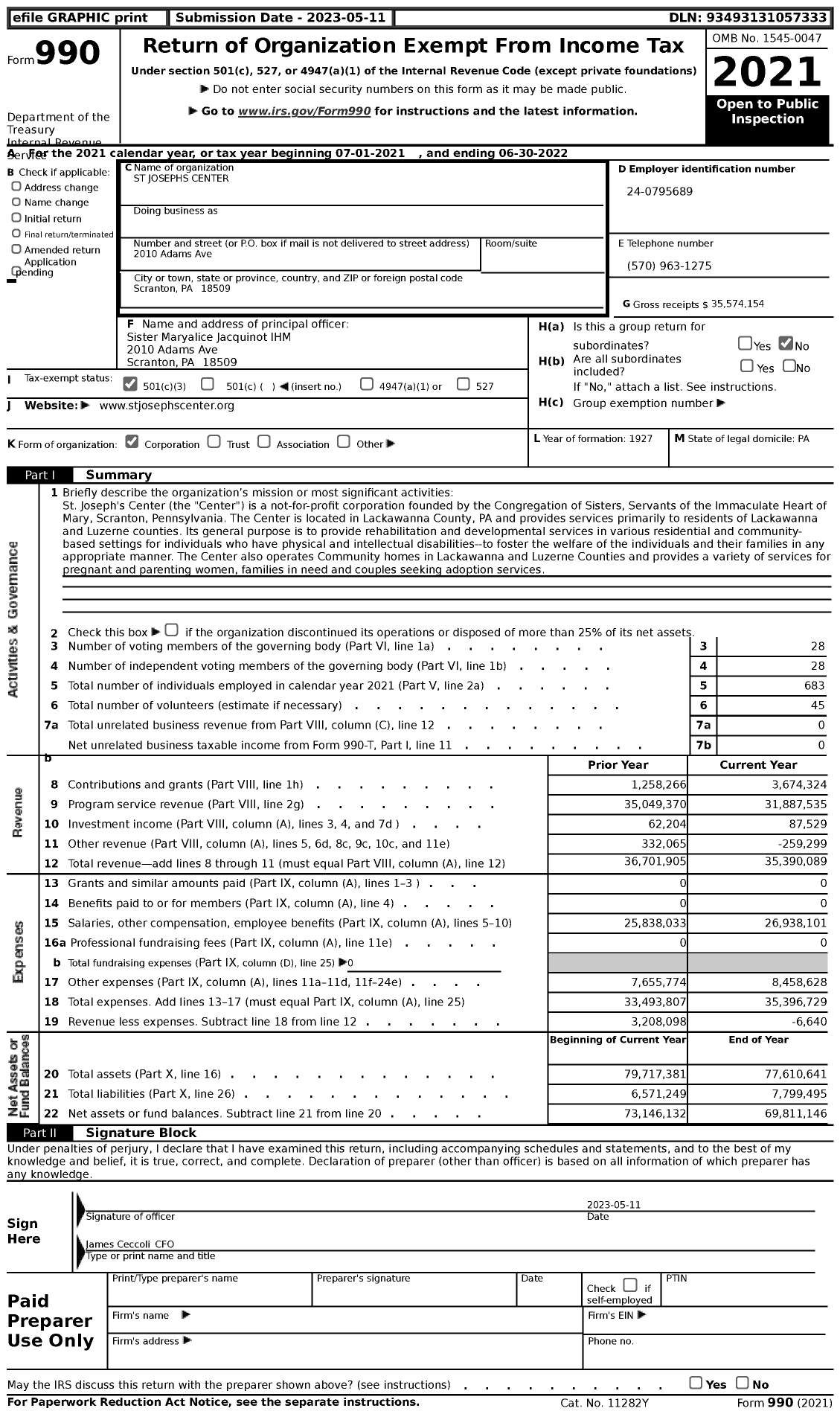 Image of first page of 2021 Form 990 for St Josephs Center