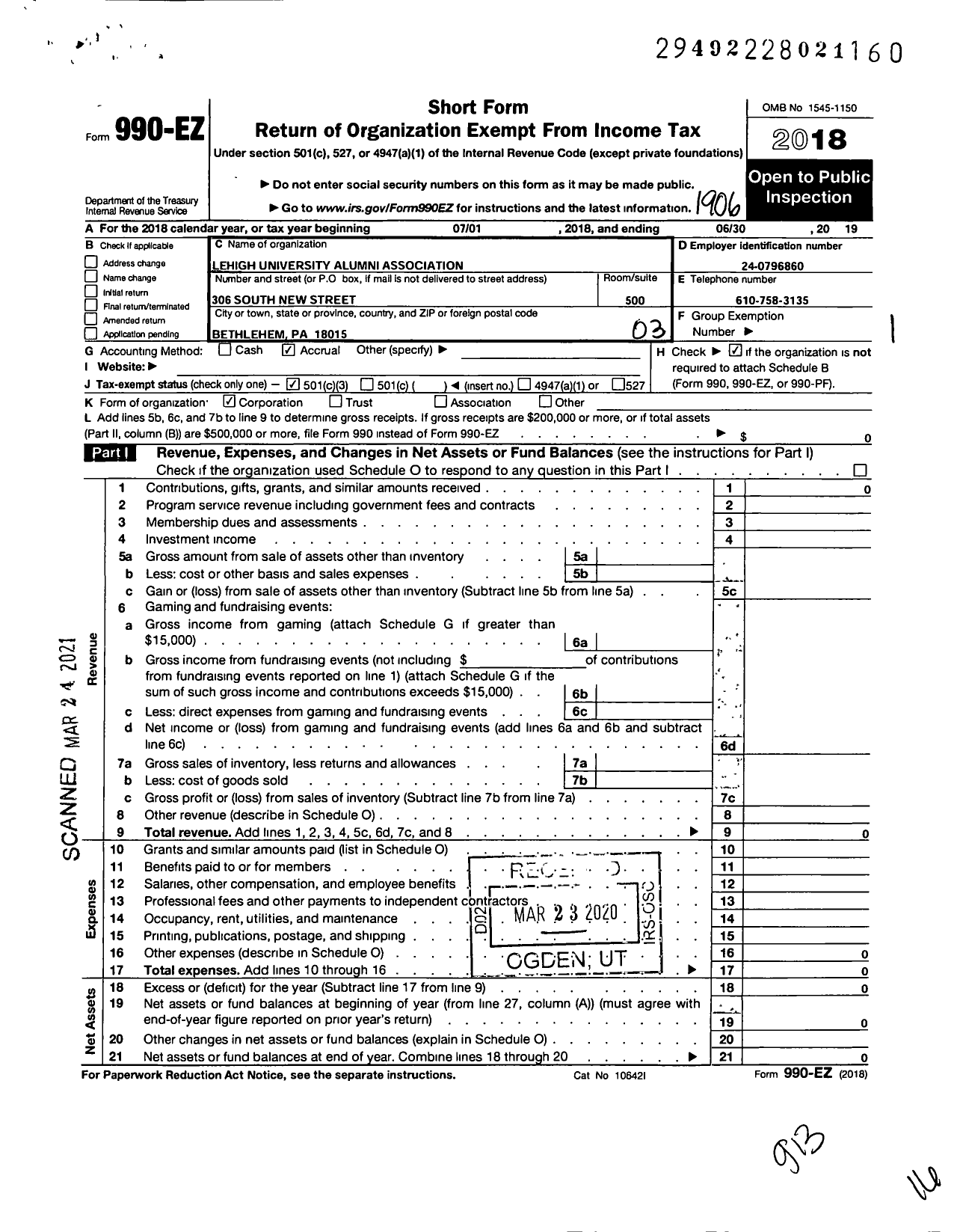 Image of first page of 2018 Form 990EZ for Lehigh University Alumni Association