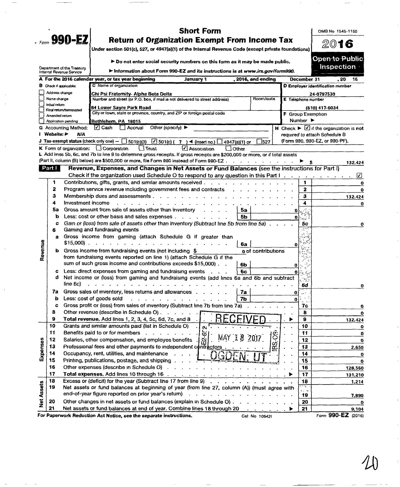 Image of first page of 2016 Form 990EO for Chi Psi Fraternity / Alpha Beta Delta