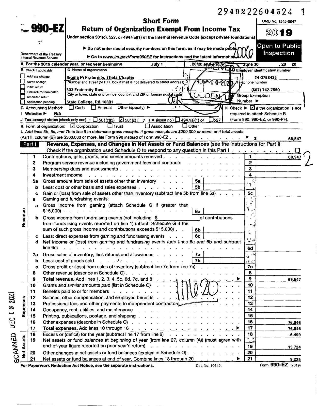 Image of first page of 2019 Form 990EO for Sigma Pi Fraternity Theta Chapter