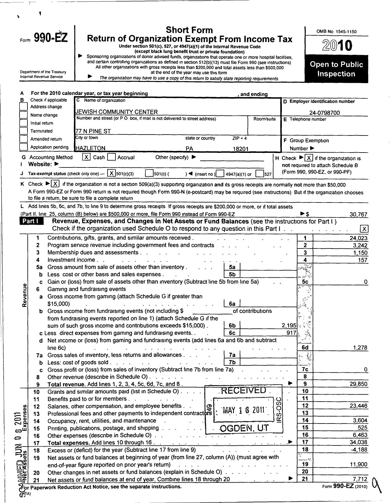 Image of first page of 2010 Form 990EZ for Jewish Community Center