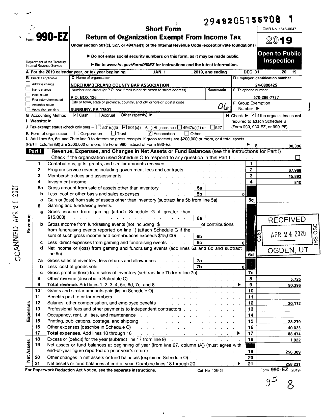 Image of first page of 2019 Form 990EO for Northumberland County Bar Association