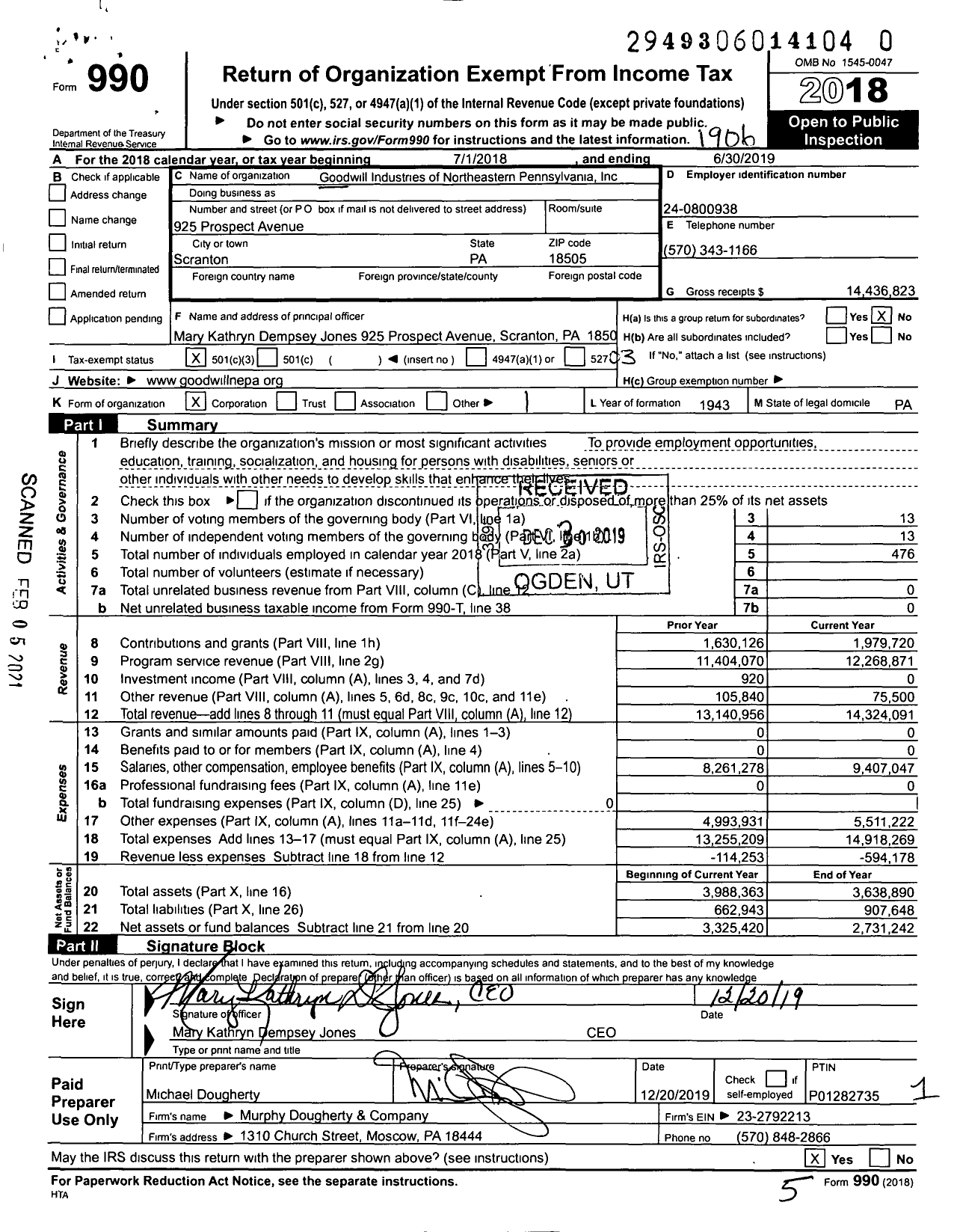 Image of first page of 2018 Form 990 for Goodwill Industries of Northeastern Pennsylvania