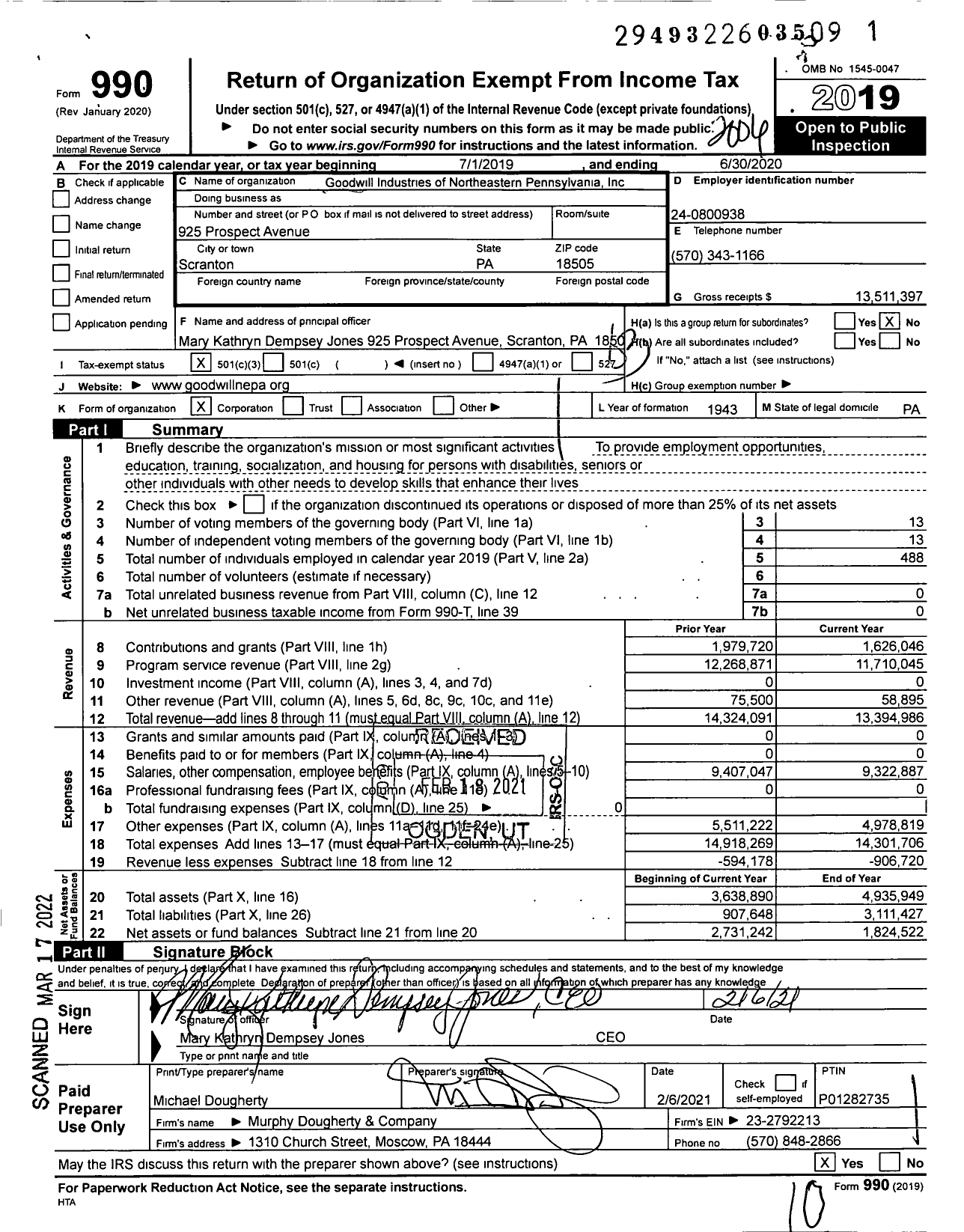Image of first page of 2019 Form 990 for Goodwill Industries of Northeastern Pennsylvania