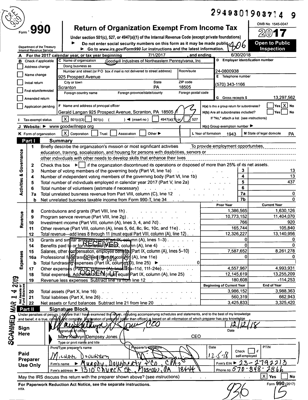 Image of first page of 2017 Form 990 for Goodwill Industries of Northeastern Pennsylvania