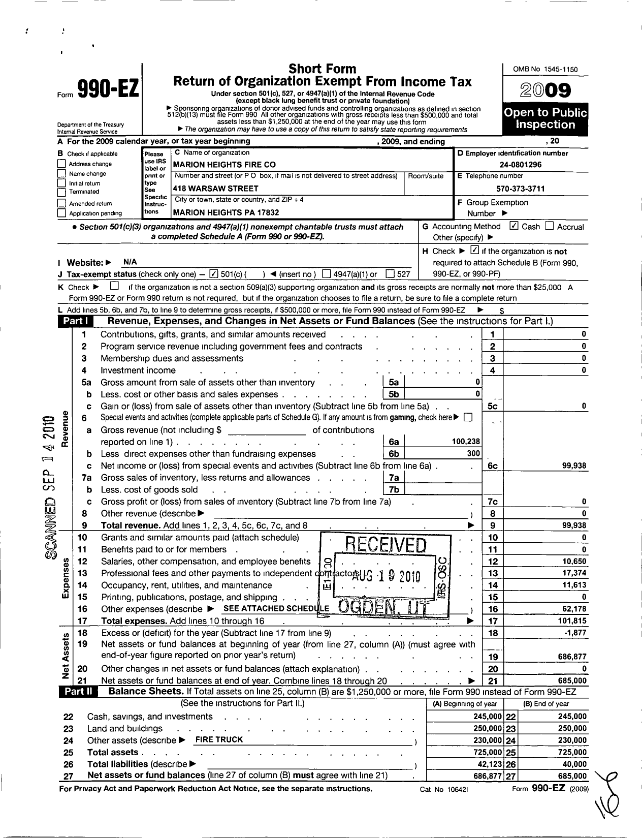 Image of first page of 2009 Form 990EO for Marion Heights Fire