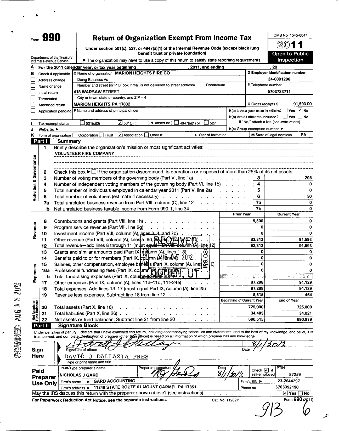 Image of first page of 2011 Form 990O for Marion Heights Fire