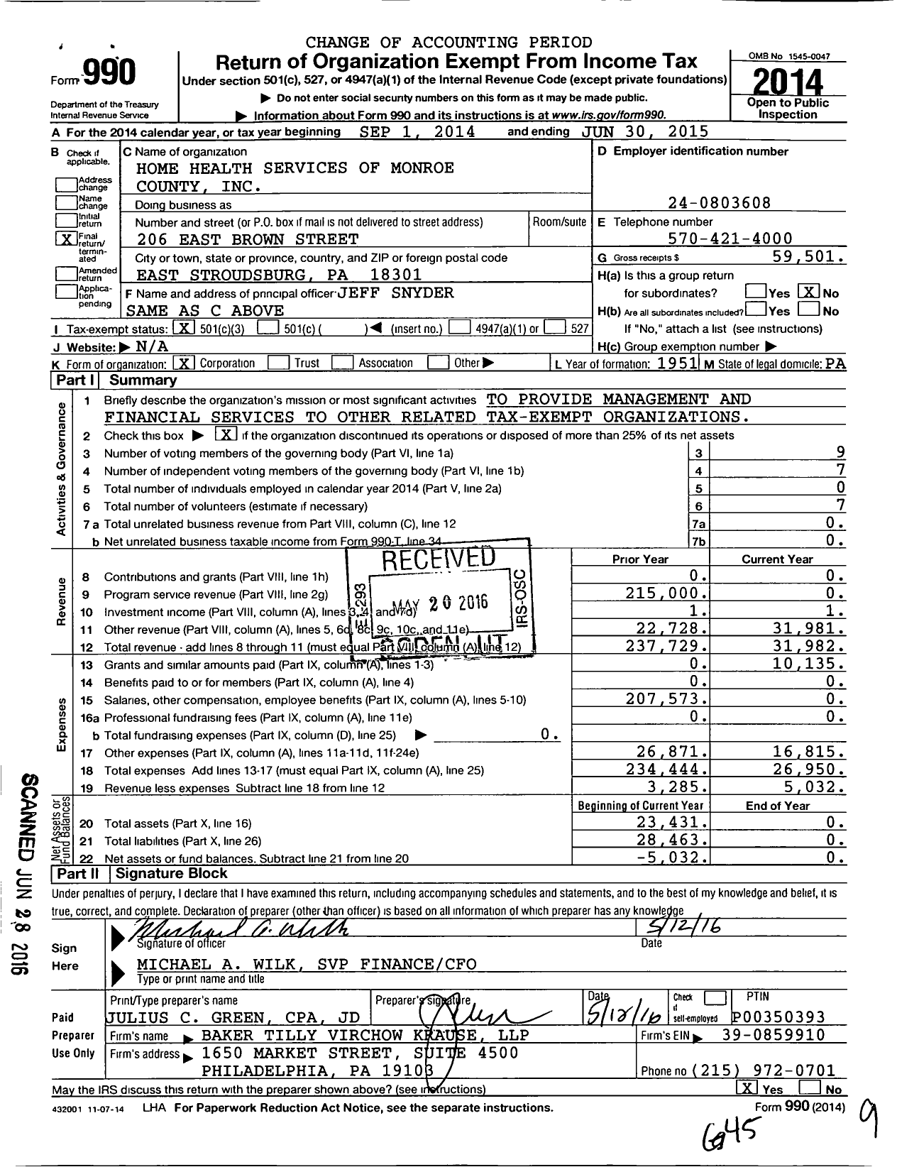 Image of first page of 2014 Form 990 for Home Health Services of Monroe County