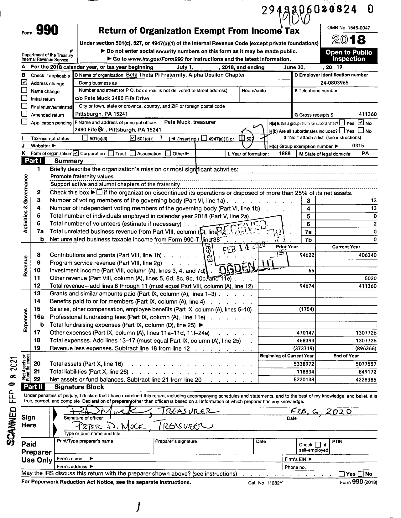 Image of first page of 2018 Form 990O for Beta Theta Pi Fraternity - Alpha Epsillon Chapter