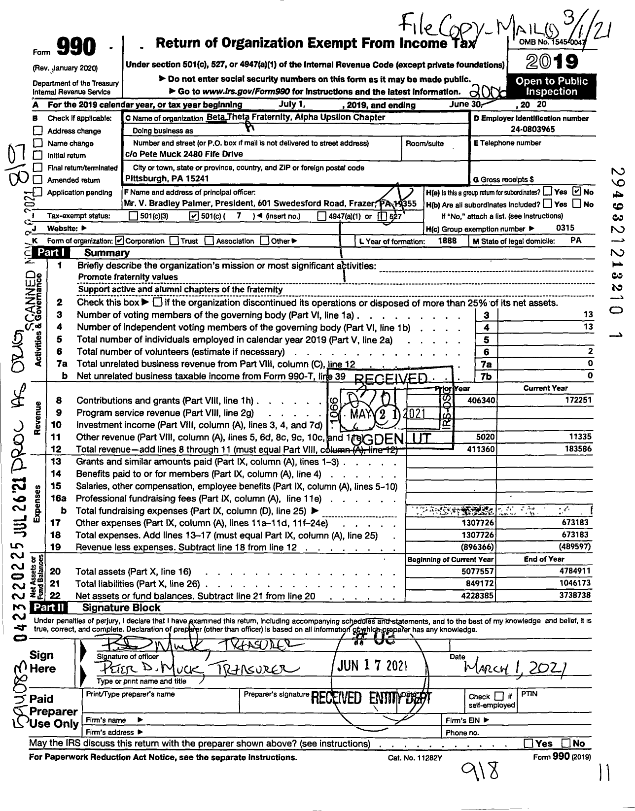 Image of first page of 2019 Form 990O for Beta Theta Pi Fraternity - Alpha Epsillon Chapter