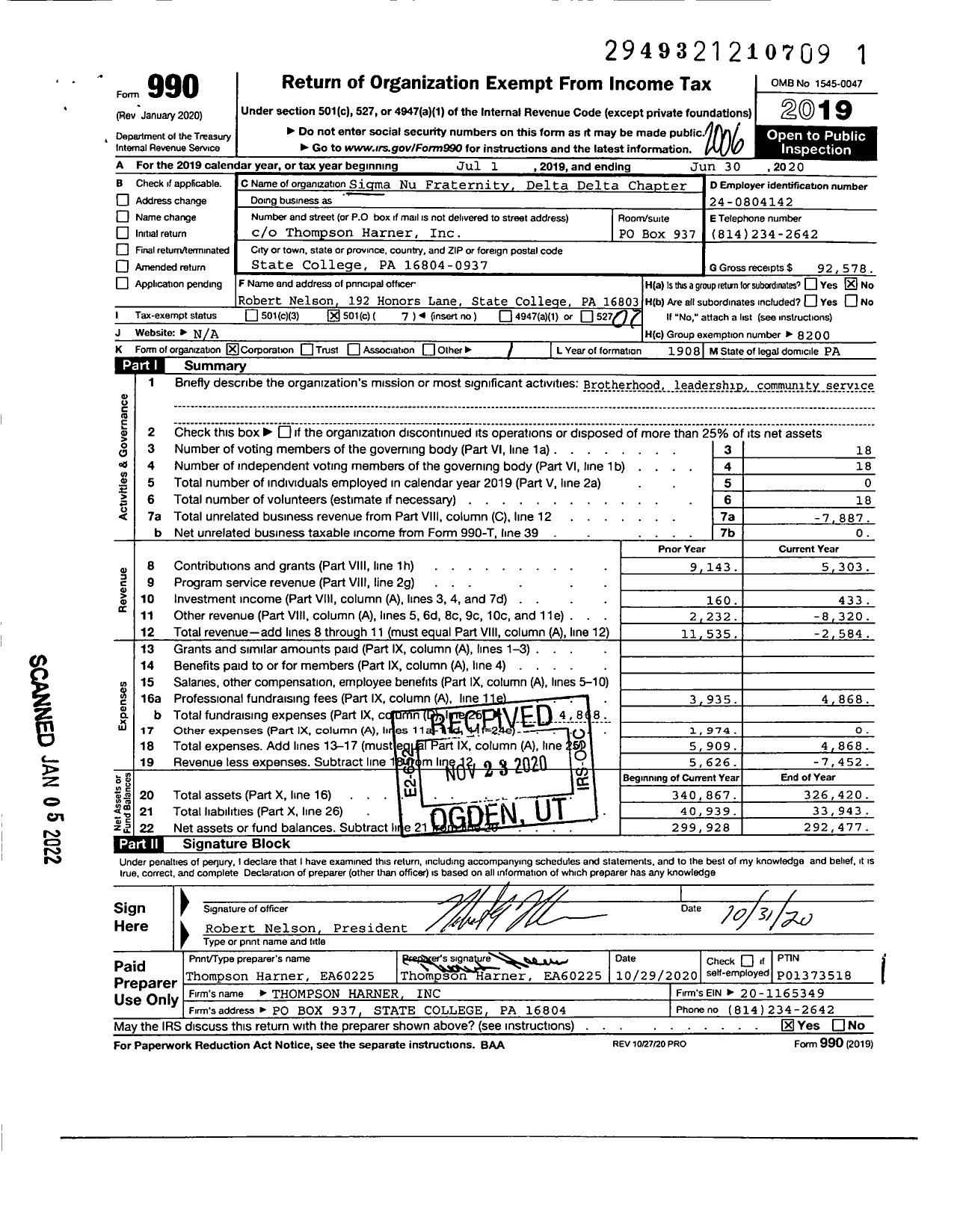 Image of first page of 2019 Form 990O for Sigma Nu Fraternity Delta Delta Chapter