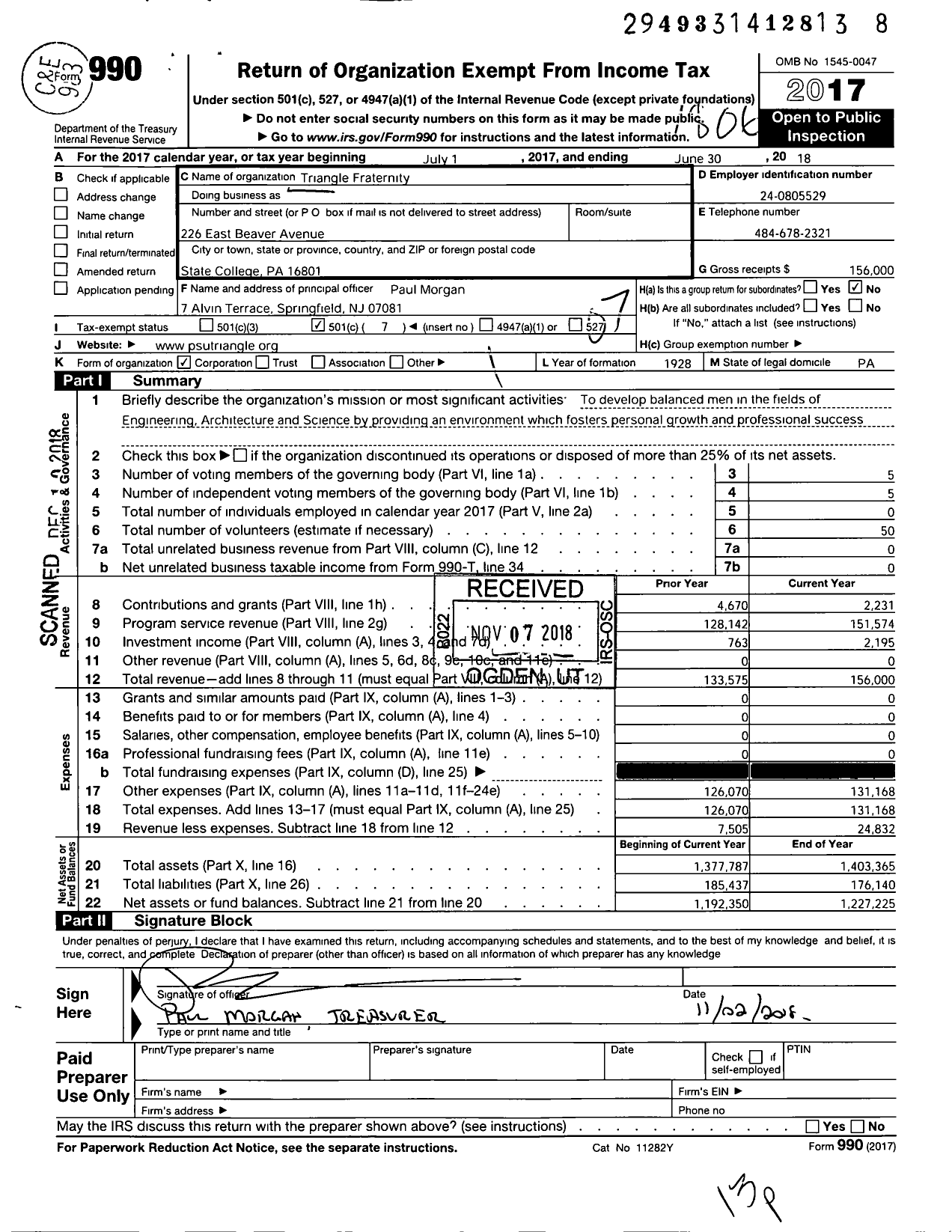 Image of first page of 2017 Form 990O for Triangle Fraternity / Penn State Chapter