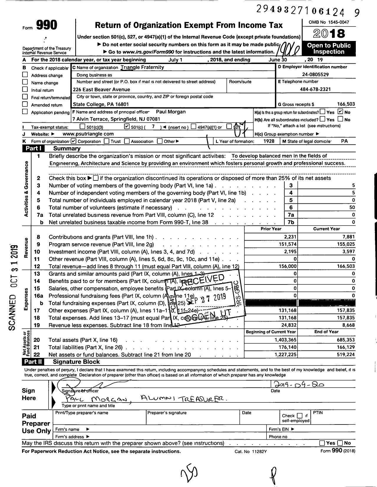 Image of first page of 2018 Form 990O for Triangle Fraternity / Penn State Chapter