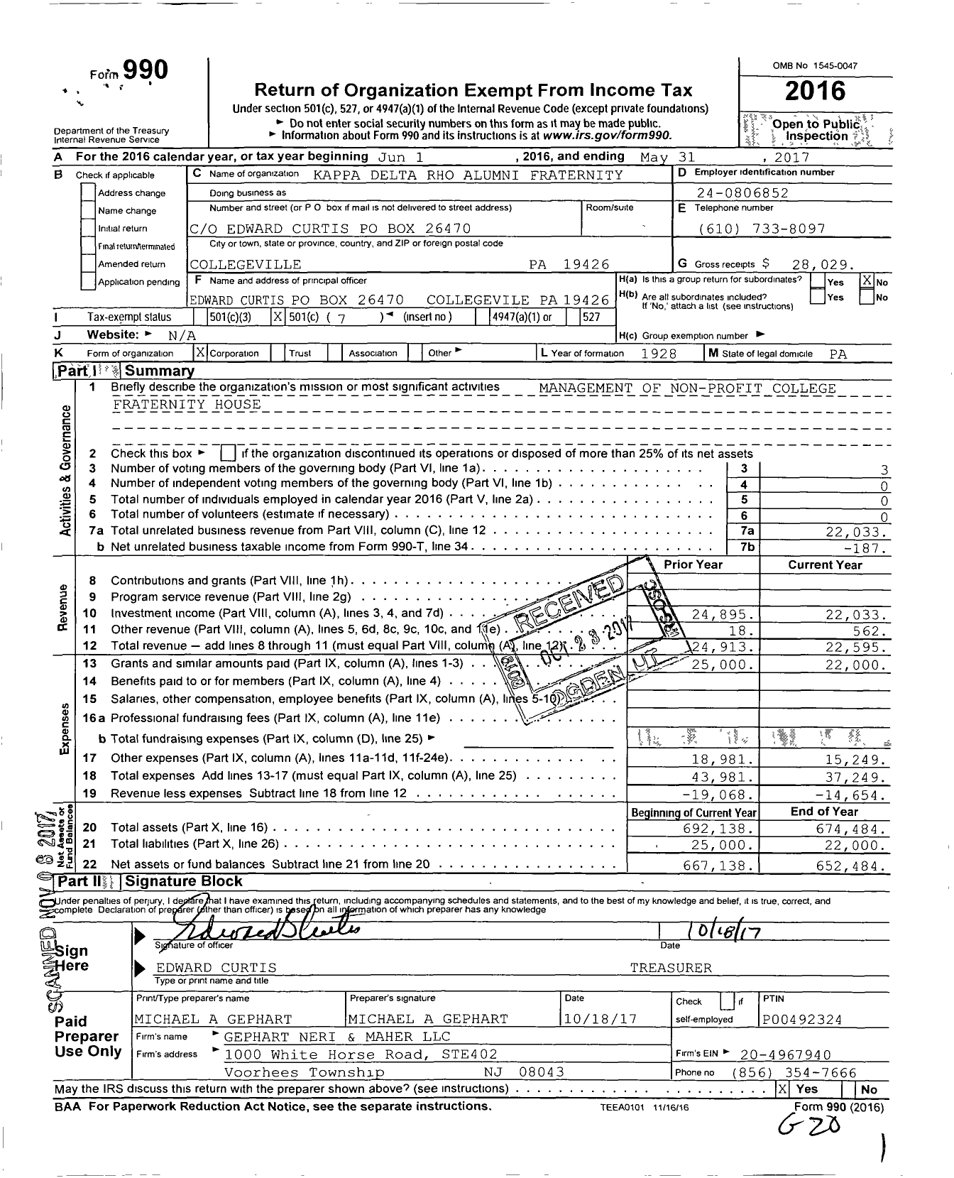 Image of first page of 2016 Form 990O for Kappa Delta Rho Alumni Fraternity