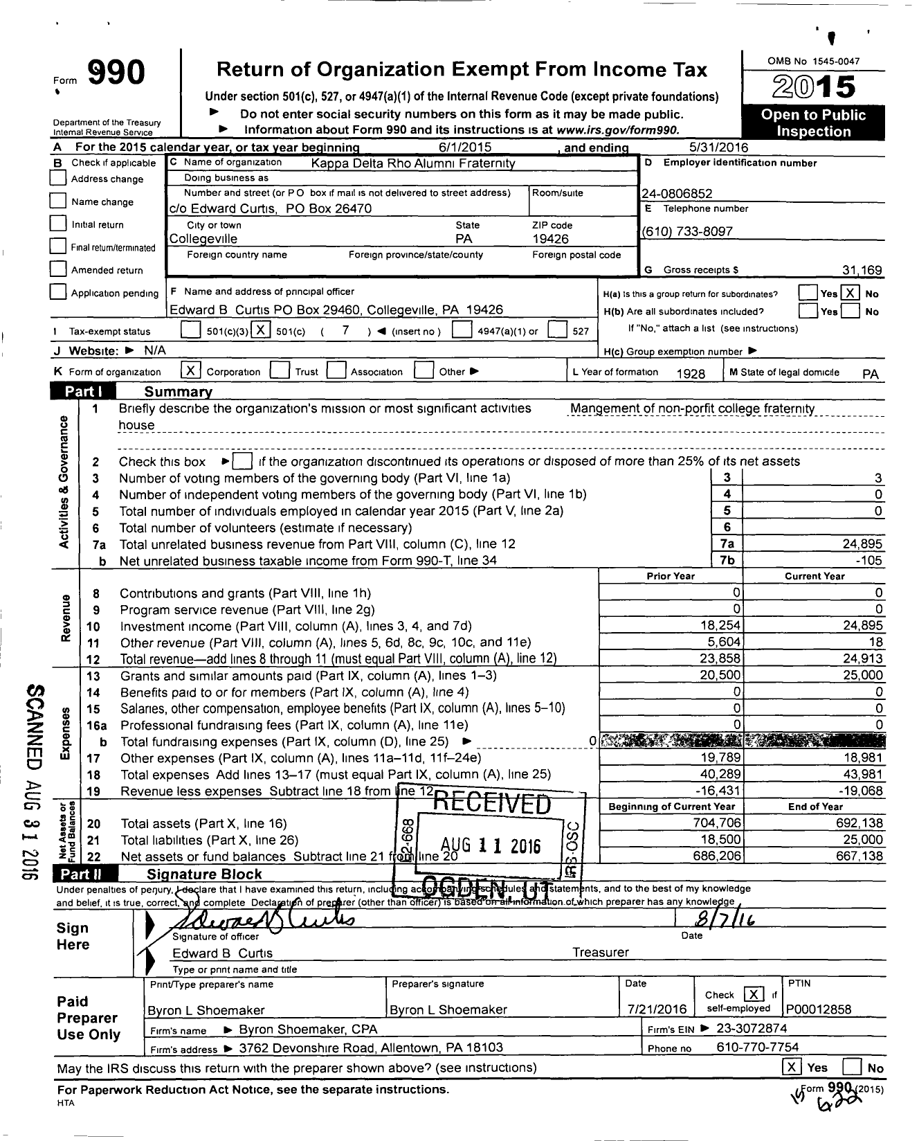 Image of first page of 2015 Form 990O for Kappa Delta Rho Alumni Fraternity