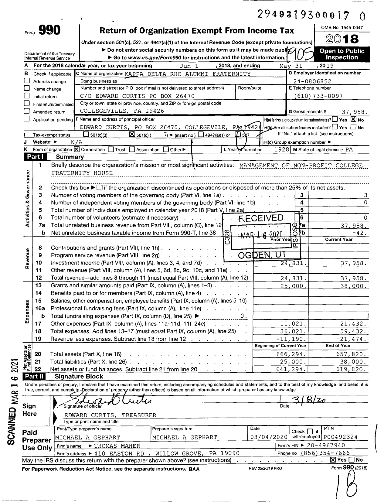 Image of first page of 2018 Form 990O for Kappa Delta Rho Alumni Fraternity